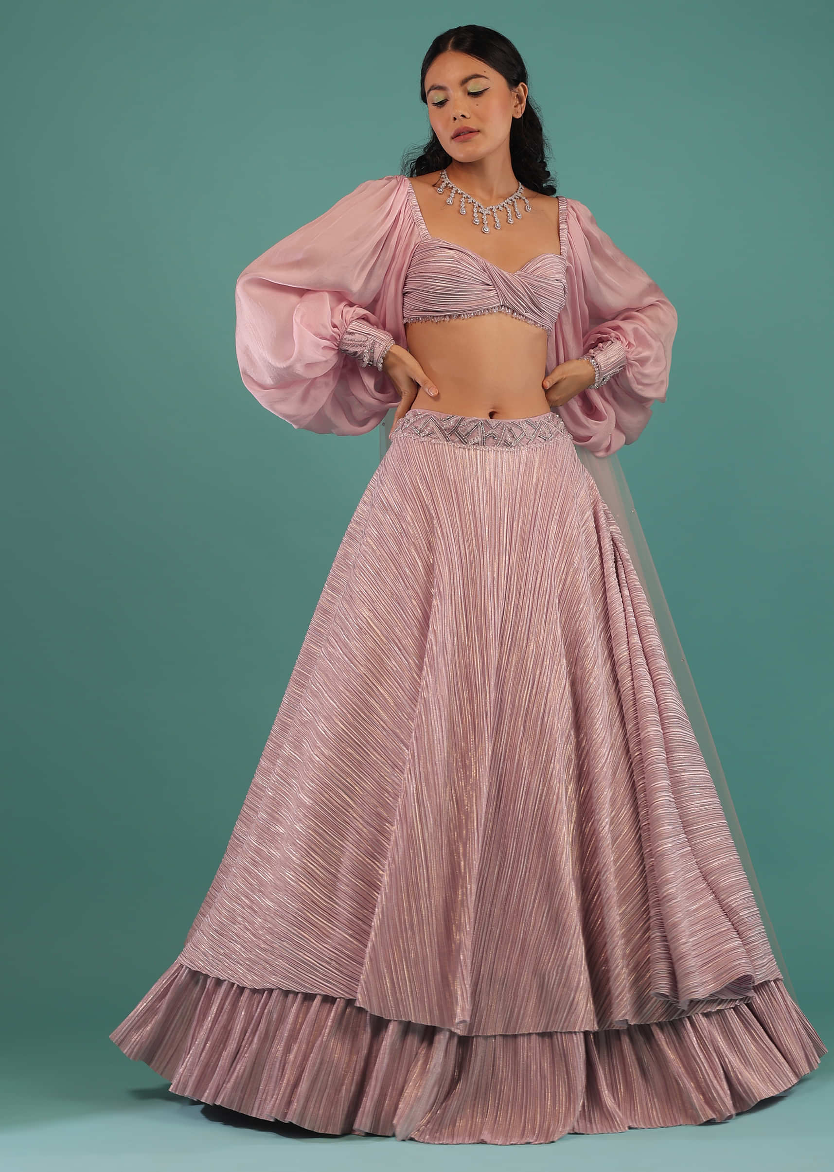Ice Lavender Lehenga In Shimmer Crush With A Twisted Bandeau Crop Top Designed With Bishop Sleeves