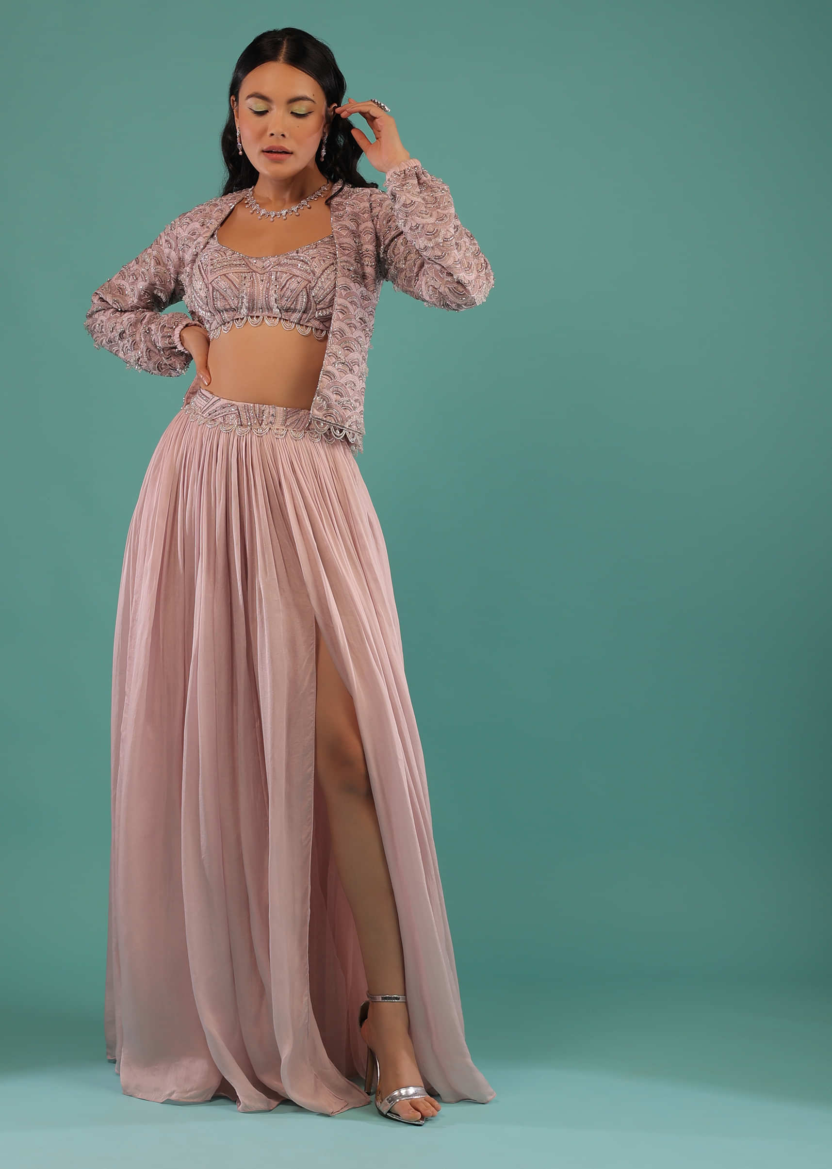 Ice Pink Gathered Skirt With A Slit Paired With Resham And 3D Beads Embroidered Crop Top And Jacket