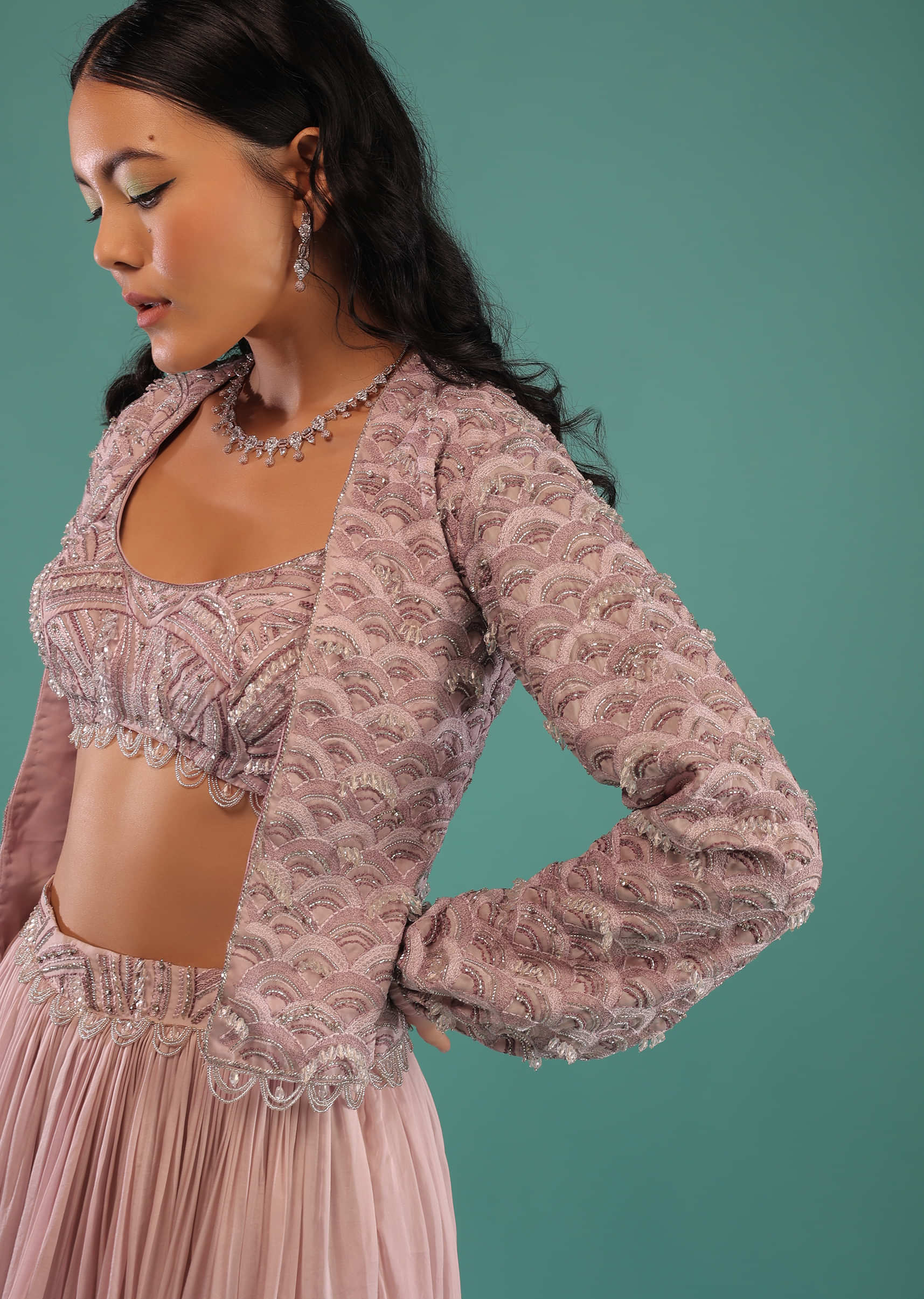 Ice Pink Gathered Skirt With A Slit Paired With Resham And 3D Beads Embroidered Crop Top And Jacket