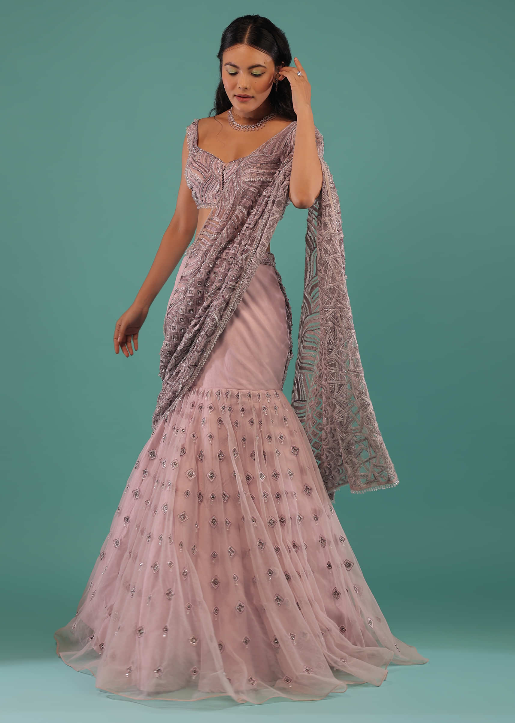 Ice Pink Mermaid Skirt And Crop Top With Attached Drape Featuring Resham And 3D Bead Embroidery