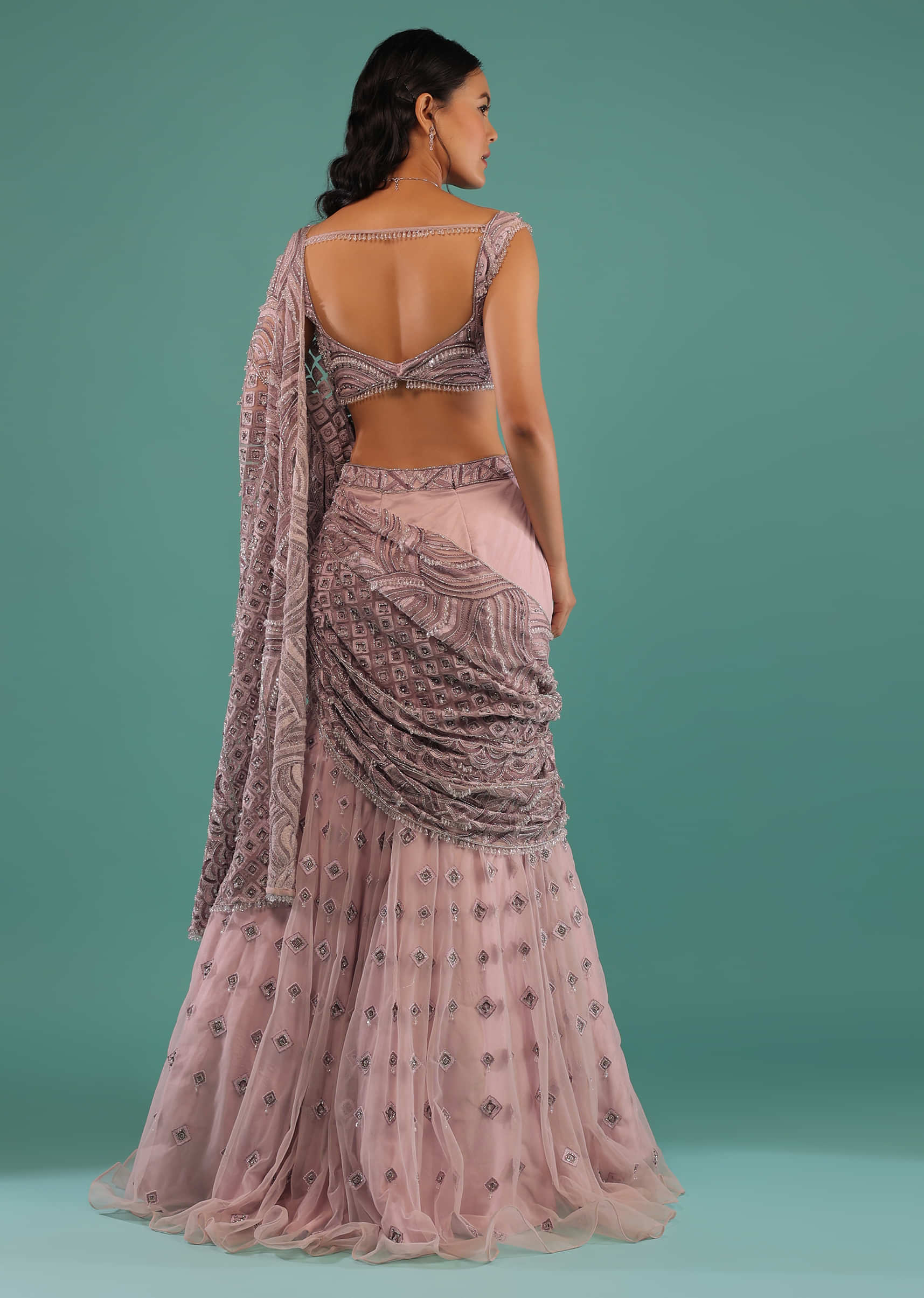 Ice Pink Mermaid Skirt And Crop Top With Attached Drape Featuring Resham And 3D Bead Embroidery