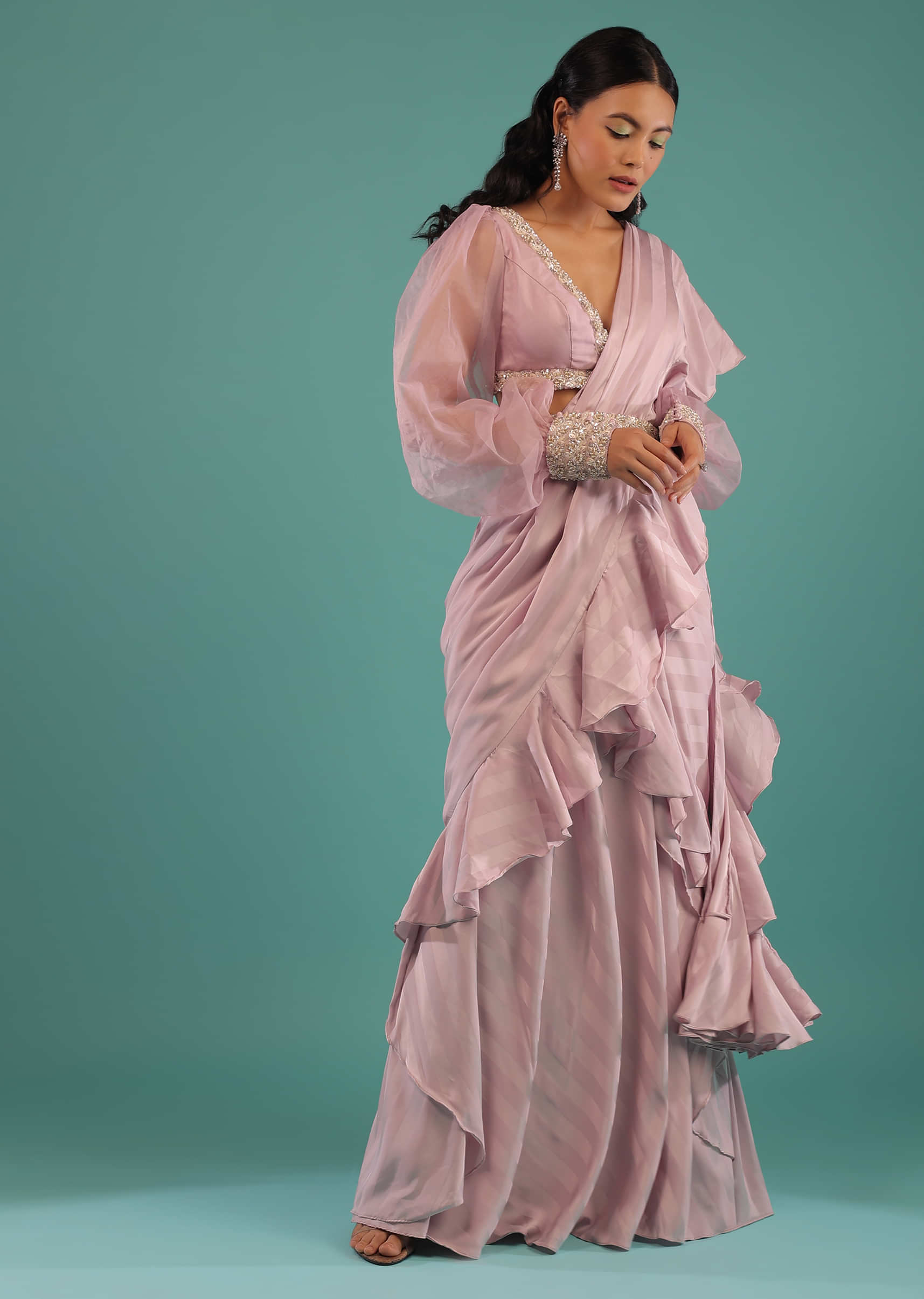 Ice Pink Ready Pleated Ruffle Saree In Striped Satin With Pearl Embroidery And Bishop Sleeved Blouse