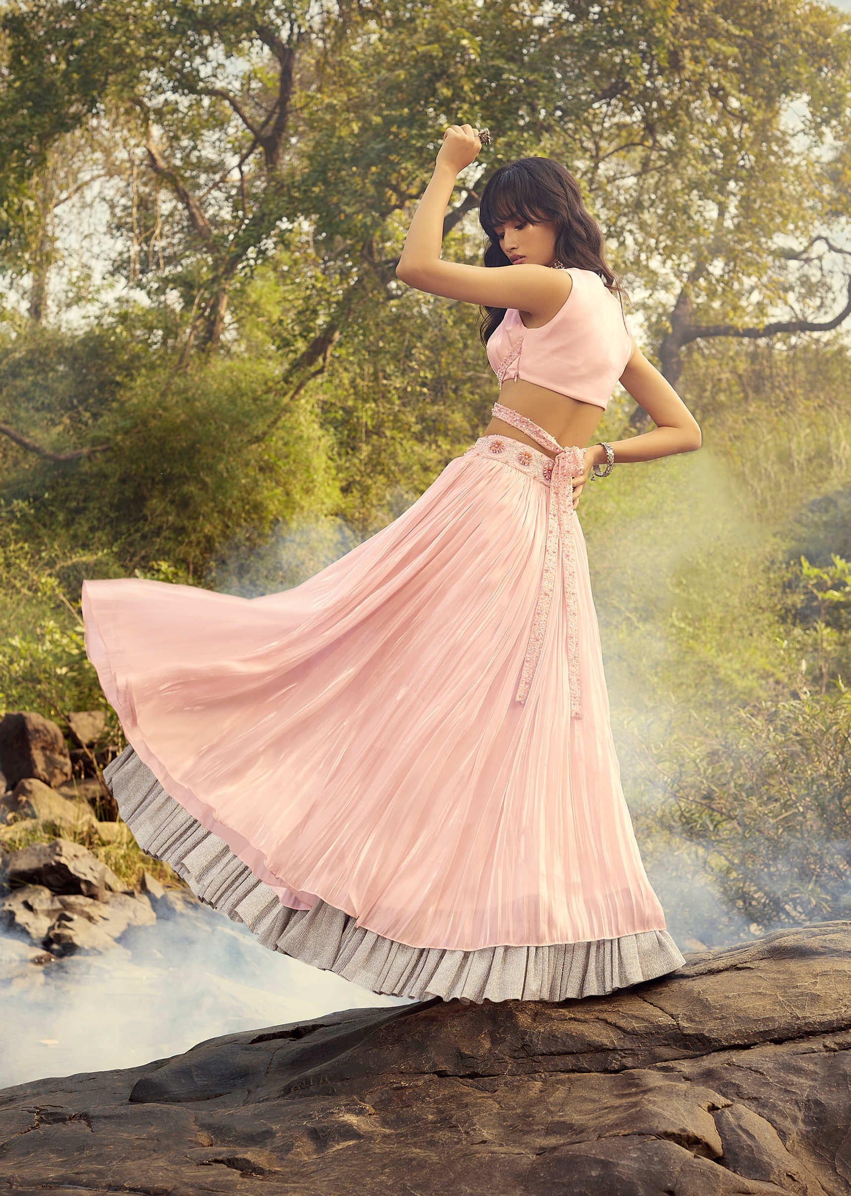Ice Pink Skirt In Satin Organza With Shimmer Frill And V Neck Crop Top With Embroidered Wrap Around Straps