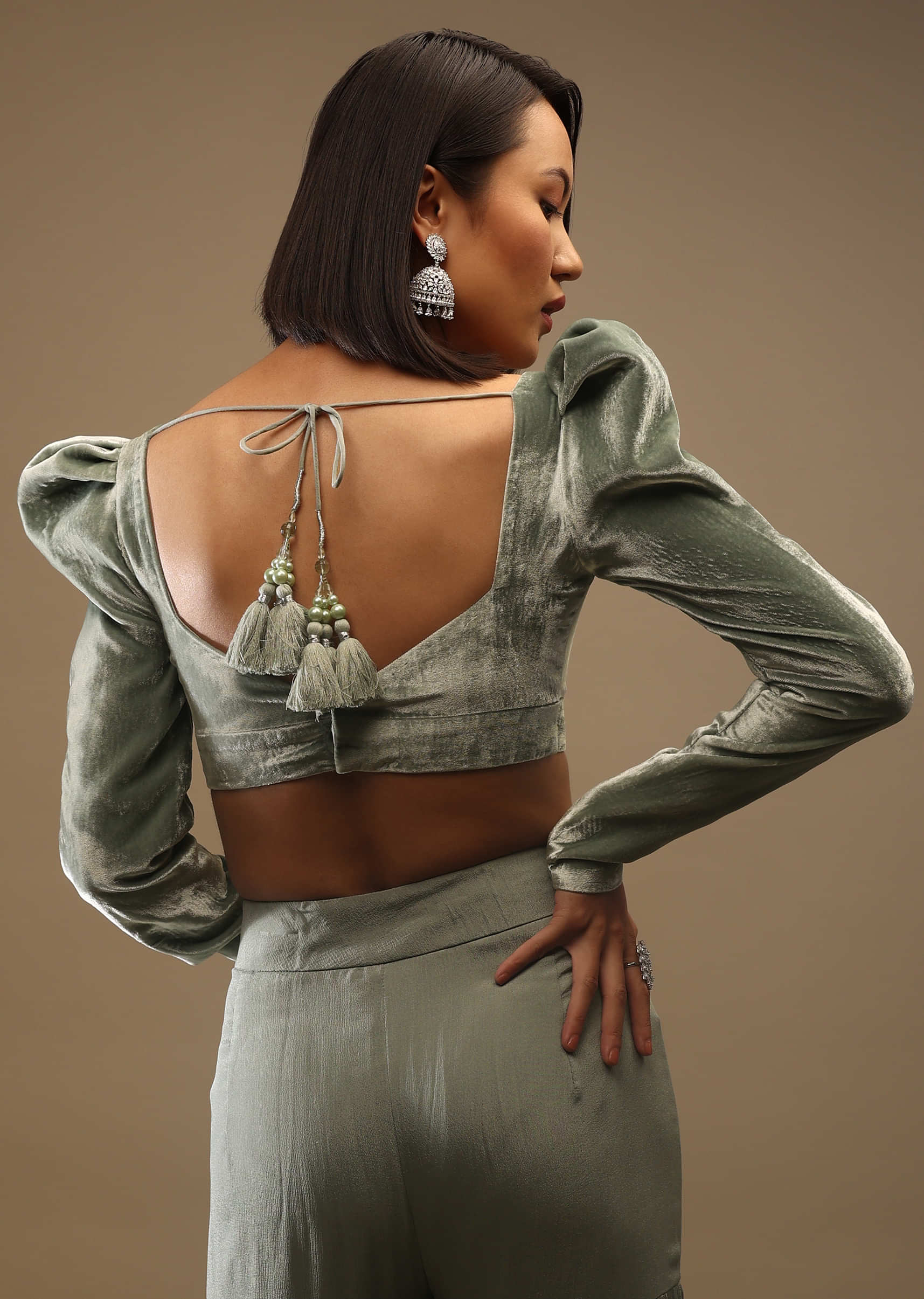 Iceberg Green Velvet Full Sleeves Blouse With A Plunging Neckline Back Hooks Closure With A Tie-Up Tassle Dori  