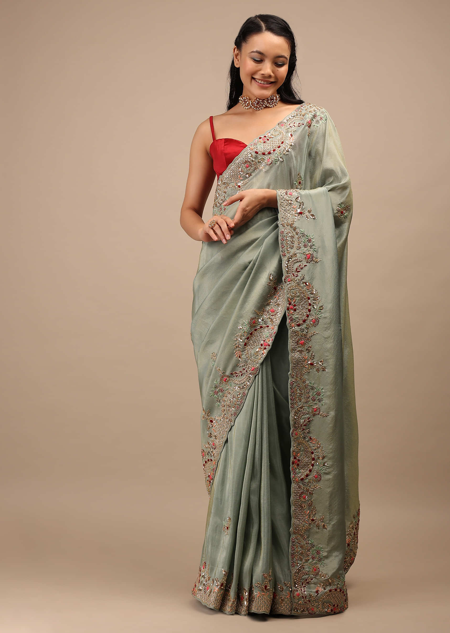 Iceberg Shimmer Saree In Cut Dana And Resham Embroidery Buttis, Cutwork Embroidery Border In Multi Color Resham And Beads