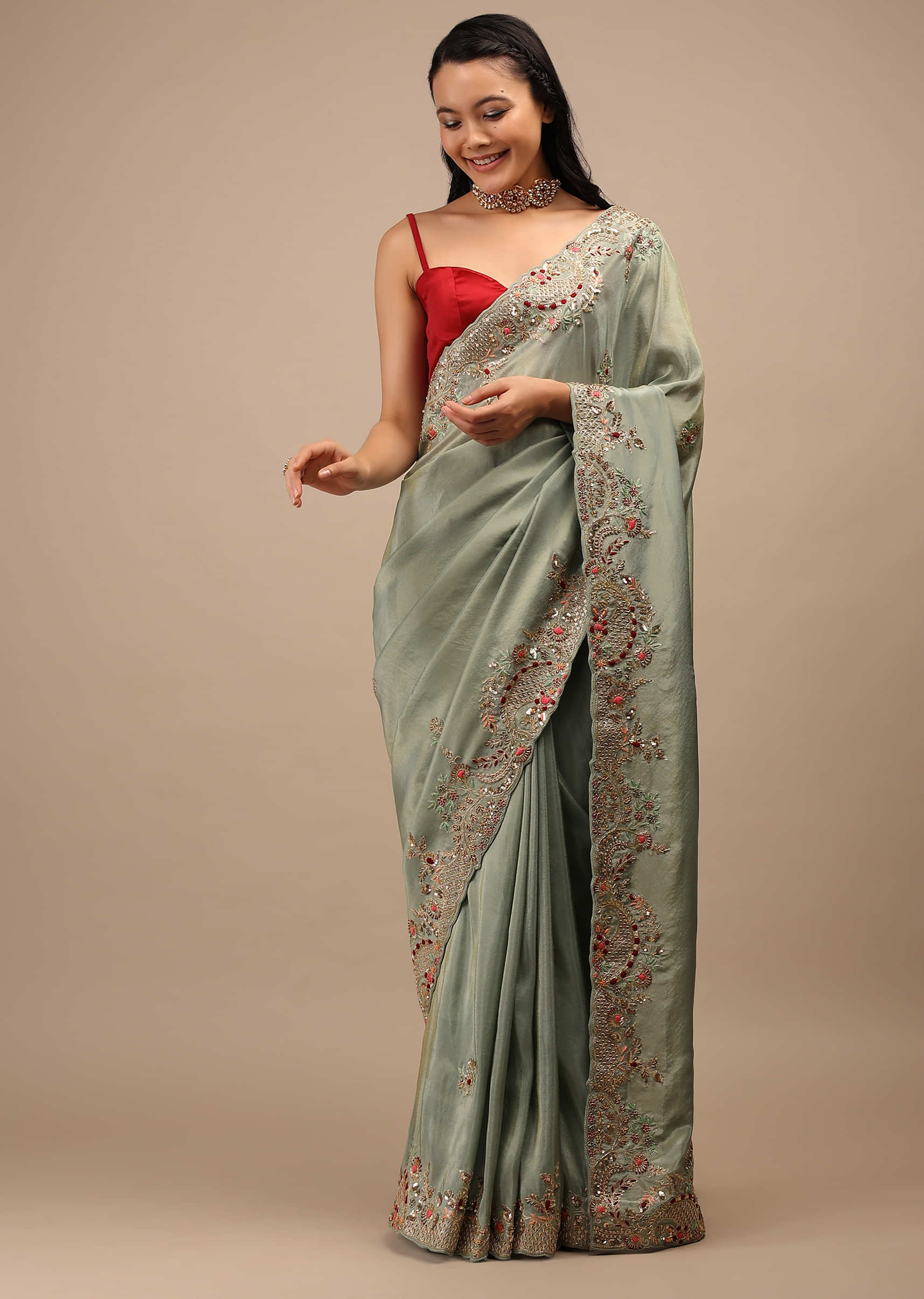 Iceberg Shimmer Saree In Cut Dana And Resham Embroidery Buttis, Cutwork Embroidery Border In Multi Color Resham And Beads