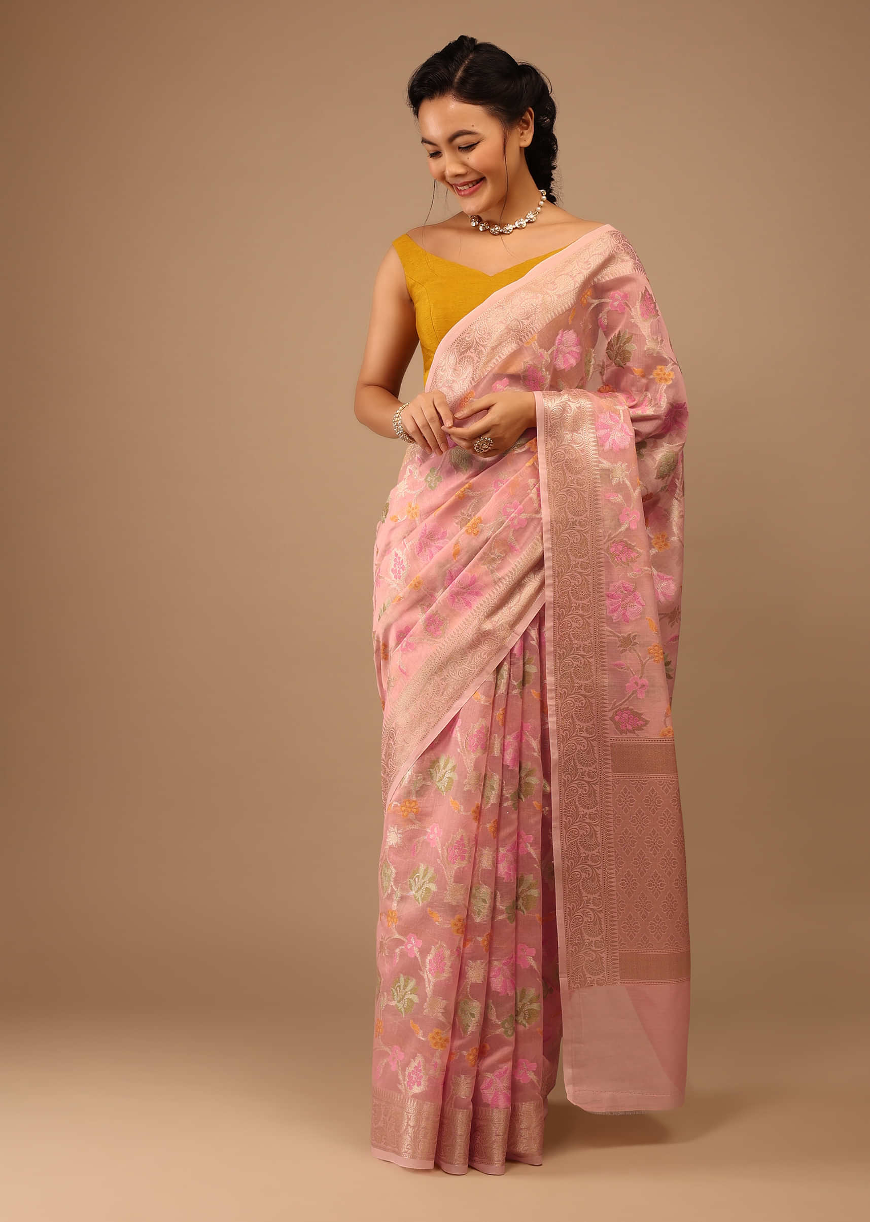 Icing Pink Saree In Banarsi Chanderi And Pure Handloom Cotton