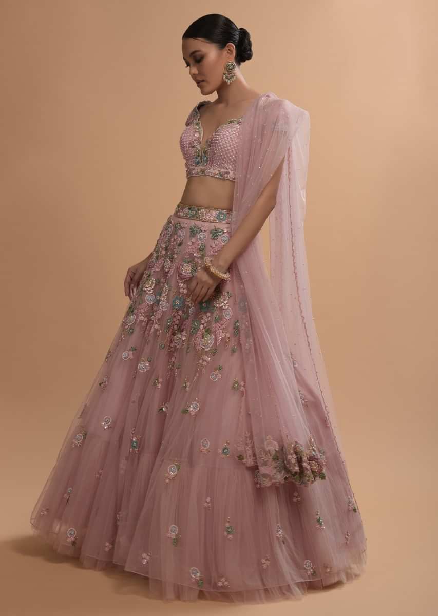 Icy Pink Net Lehenga And Cap Sleeves Crop Top With 3D Flower Cluster And Scattered Buttis 