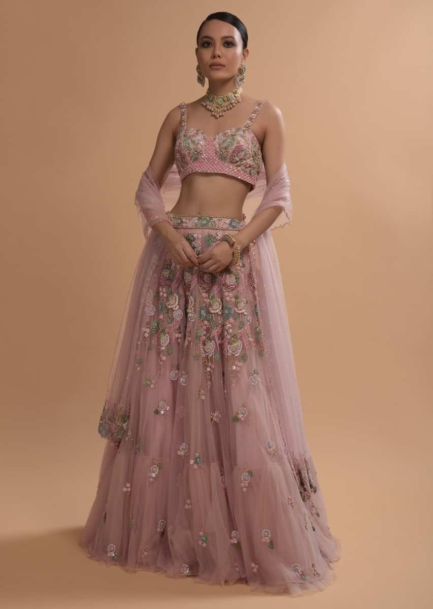 Icy Pink Net Lehenga And Sleeveless Crop Top With 3D Flower Cluster And Scattered Buttis 
