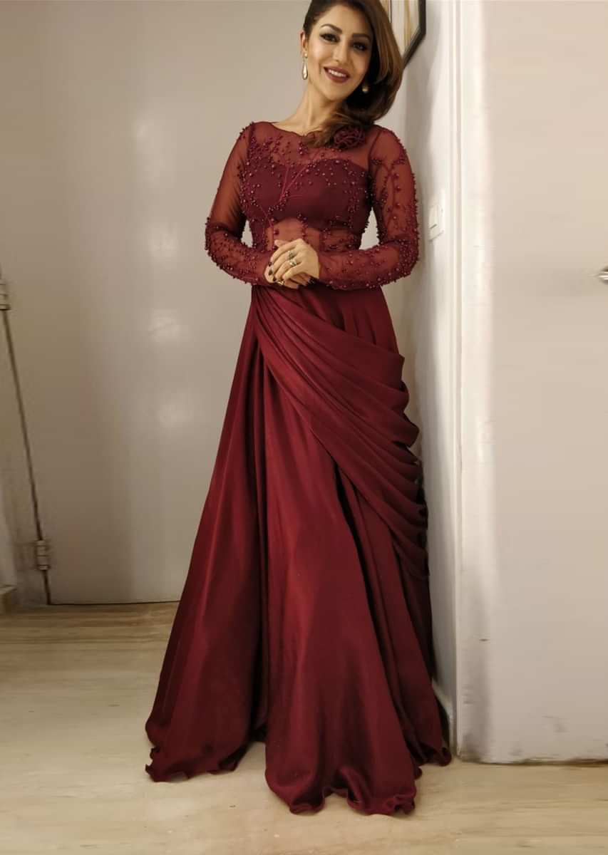 Debina Bonnerjee in Kalki wine gown embellished in moti and resham embroidery work