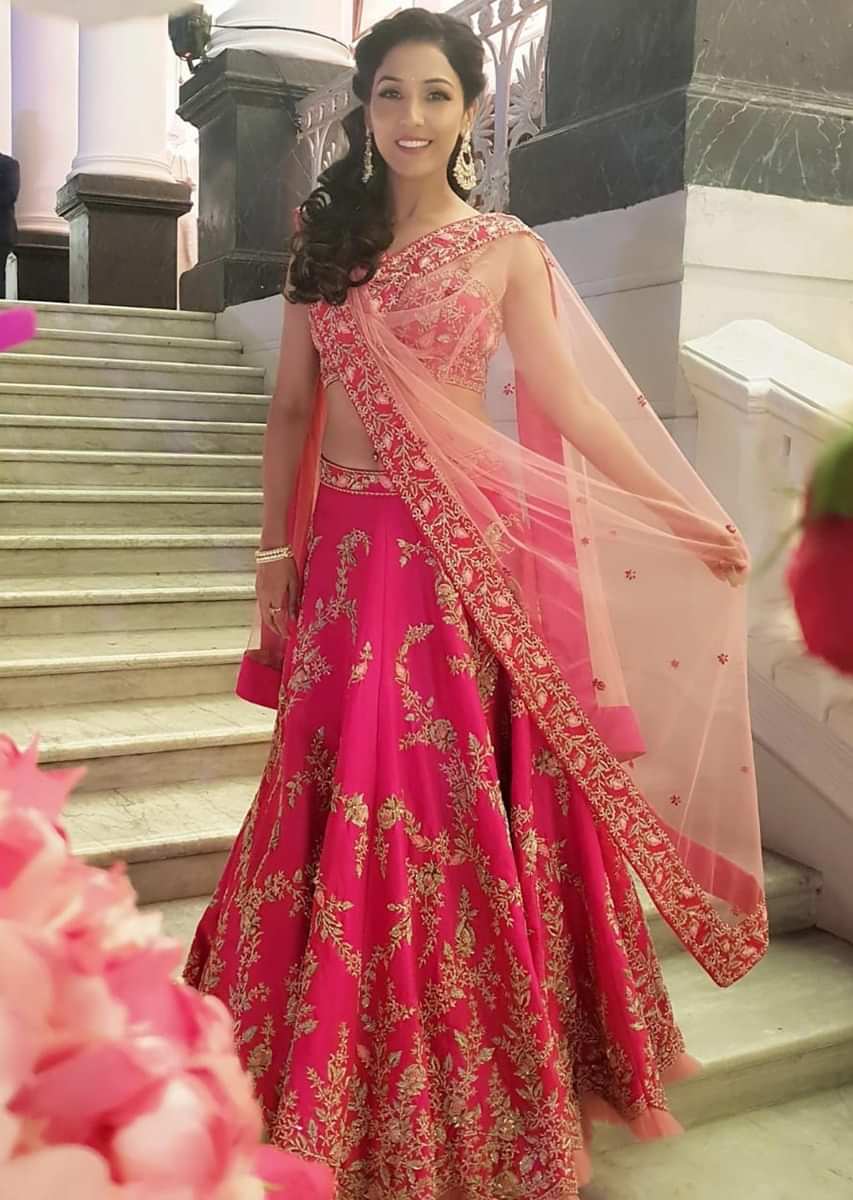 Neeti Mohan in Kalki fuschia pink raw silk embroidered lehenga and corset blouse