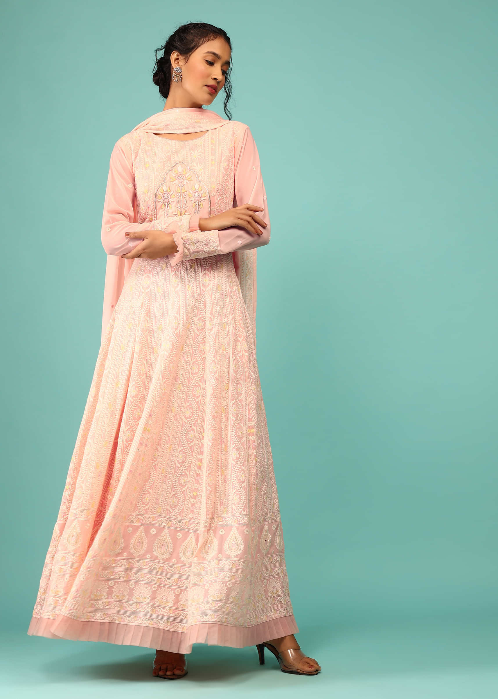 Candy Pink Anarkali Suit With Lucknowi Thread Work And Zardozi Embroidered Motif