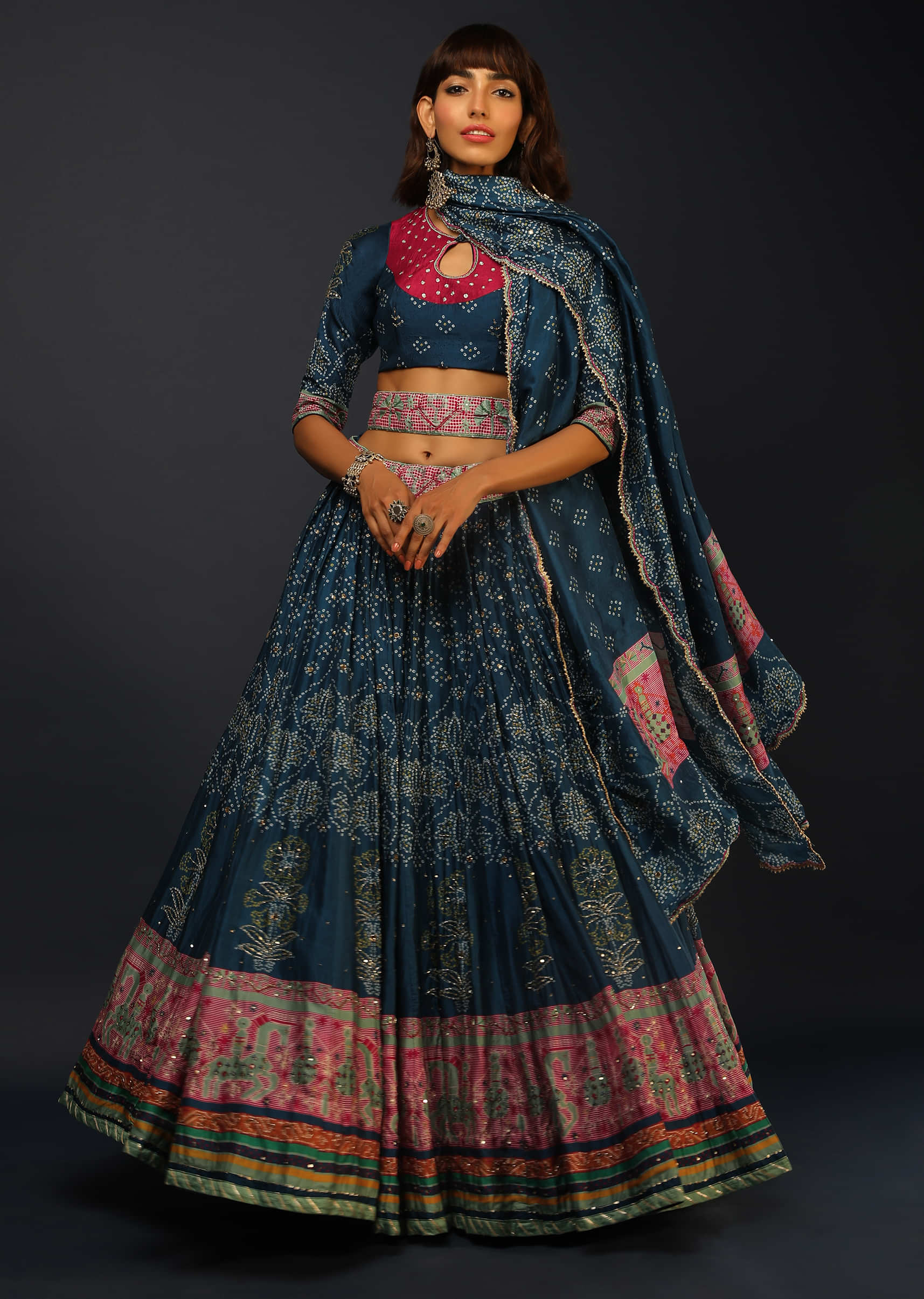 Tye-Dye Red Lehenga with Dark Blue Choli and Dupatta – Roop Sari Palace