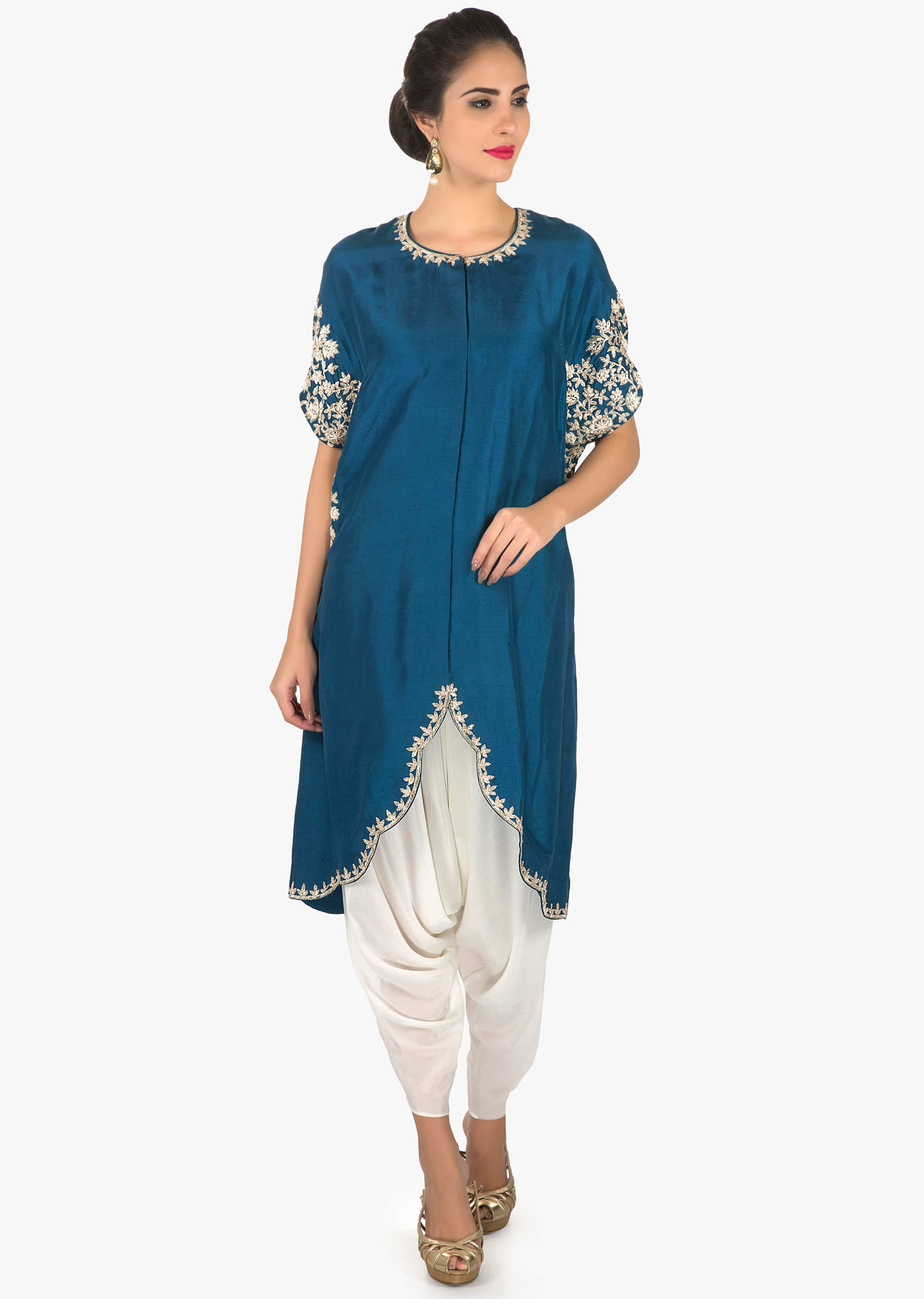 Imperial blue top with embroidered sleeve and fancy hem line only on Kalki