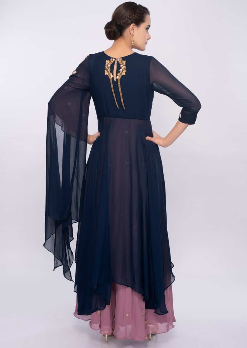 Indigo blue and orchid double layer tunic dress with drape and flared sleeves only on Kalki