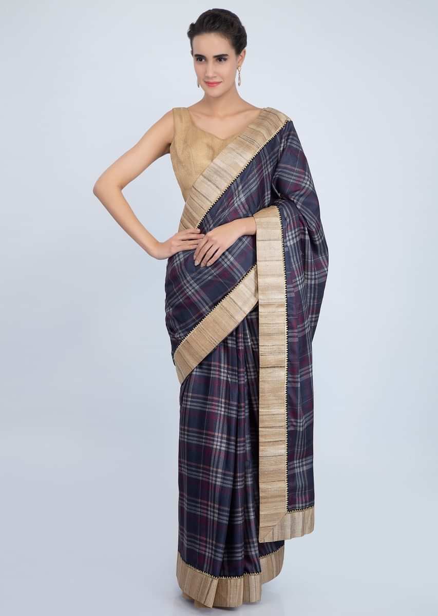 Indigo Blue Checks Saree In Cotton With Beige Tussar Silk Border Online - Kalki Fashion