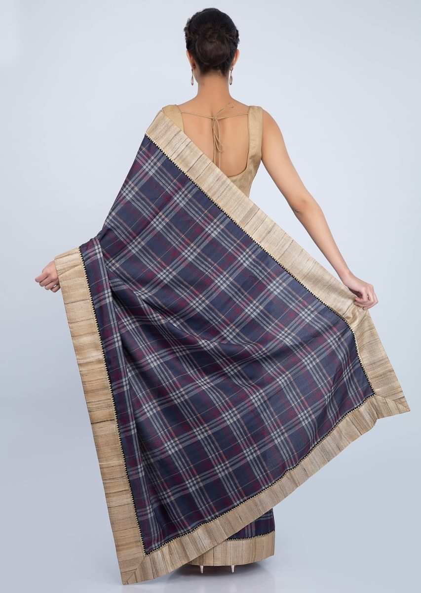 Indigo Blue Checks Saree In Cotton With Beige Tussar Silk Border Online - Kalki Fashion