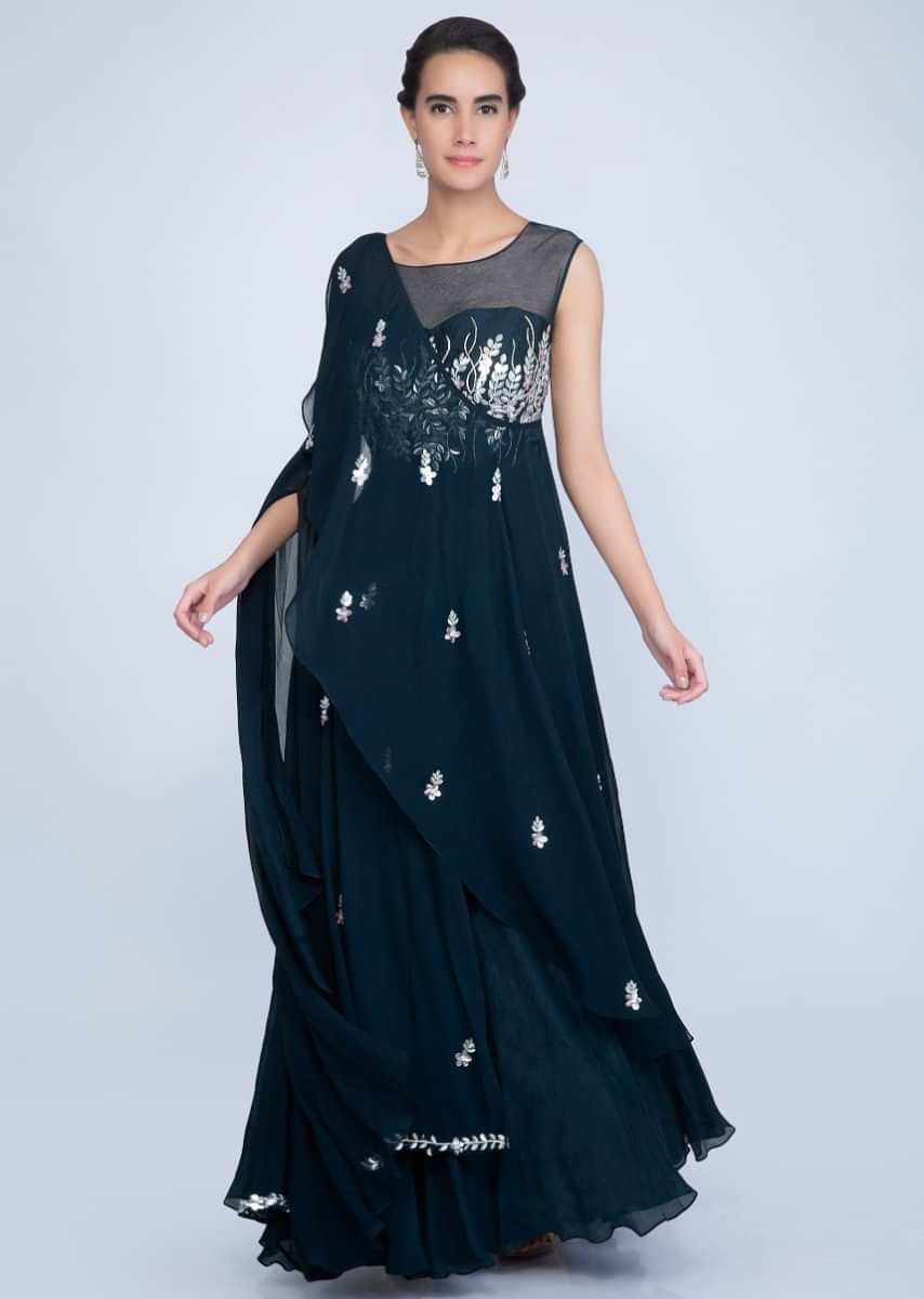 Indigo Blue Lehenga In Crepe With One Side Flared Sleeves And A Wrap Around Embroidered Cape Online - Kalki Fashion