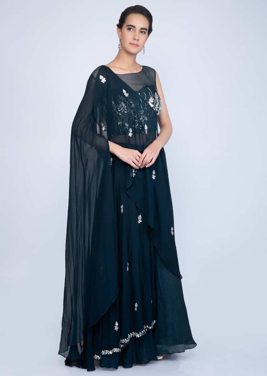 Indigo Blue Lehenga In Crepe With One Side Flared Sleeves And A Wrap Around Embroidered Cape Online - Kalki Fashion