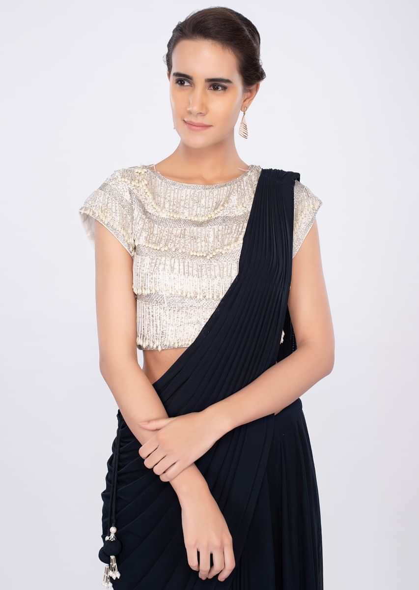 Indigo Blue Draped Saree In Lycra With Tasseled Blouse Online - Kalki Fashion