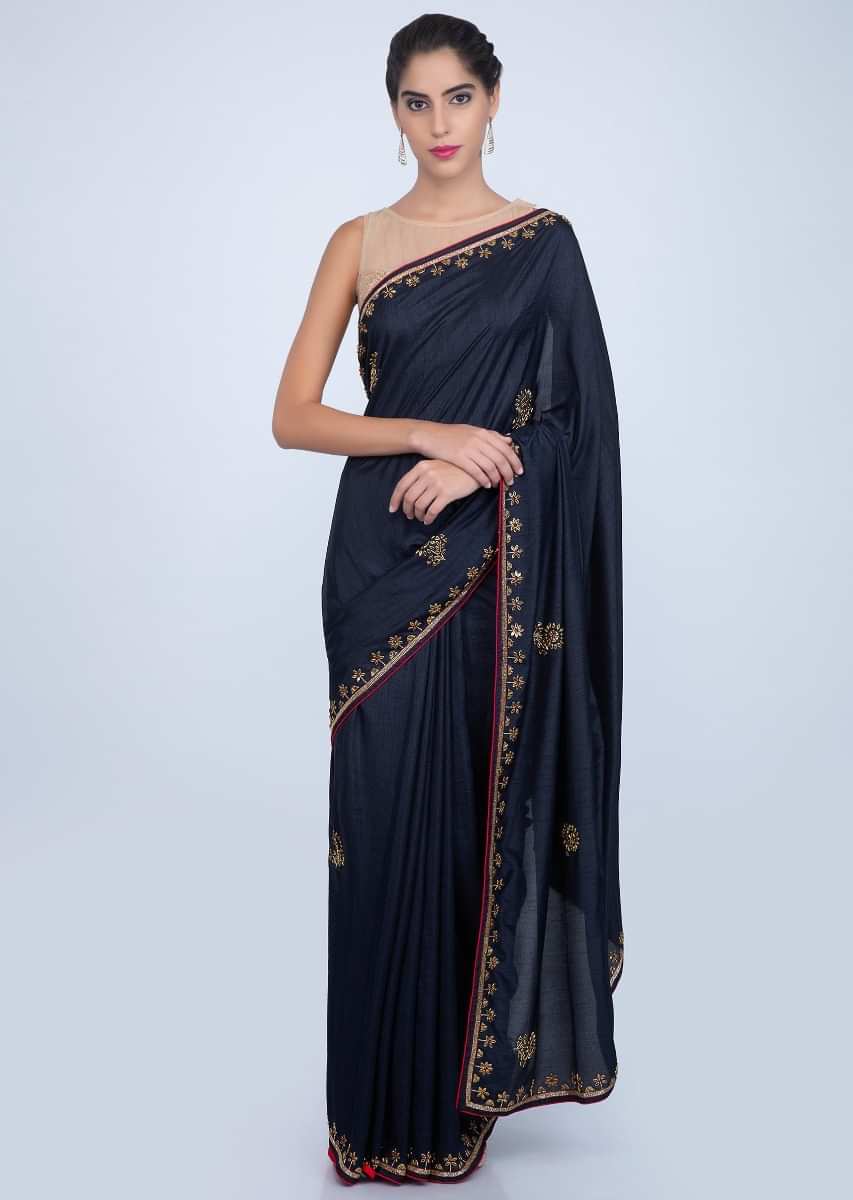 Indigo Blue Saree In Dupion Silk With Kundan Embroidered Butti And Border Online - Kalki Fashion