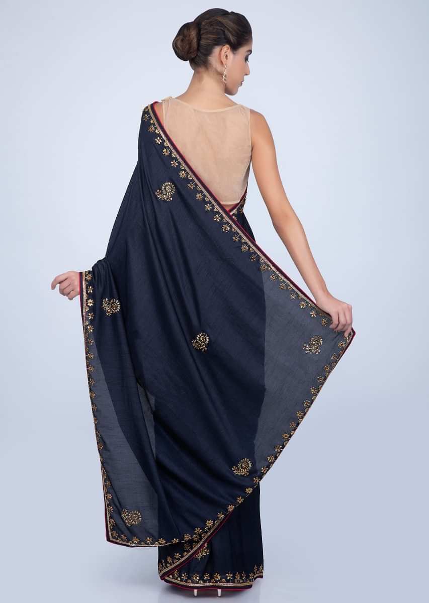 Indigo Blue Saree In Dupion Silk With Kundan Embroidered Butti And Border Online - Kalki Fashion