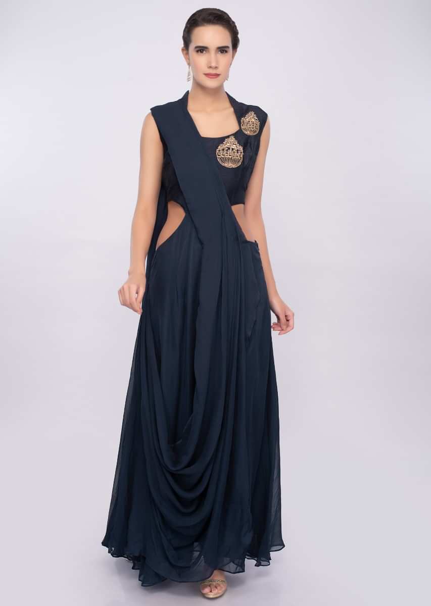 Indigo Blue Gown With Side Cut Out And Flair At The Back Online - Kalki Fashion