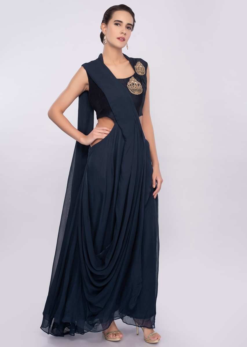 Buy Indigo Blue Gown With Side Cut Out And Flair At The Back Online ...