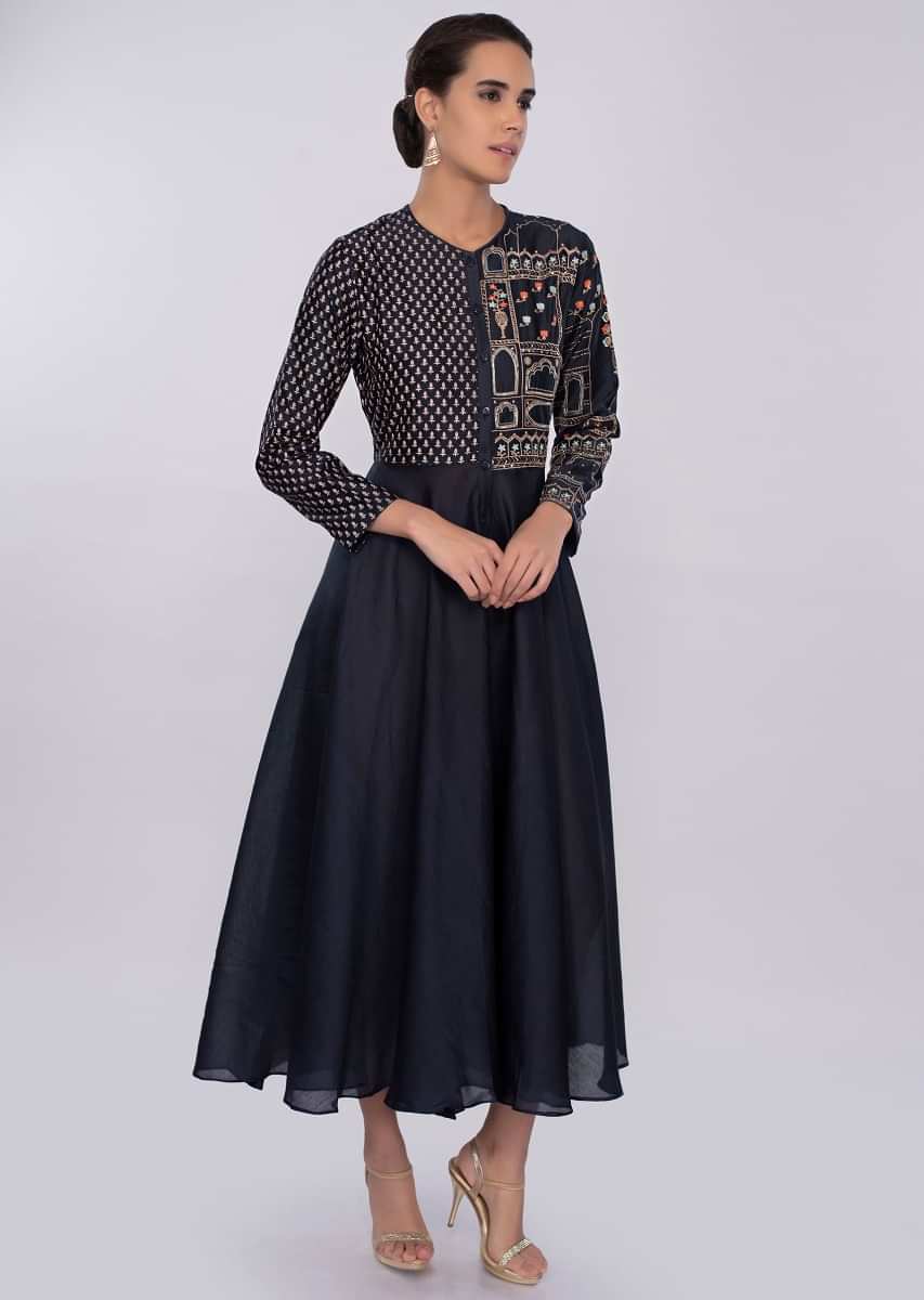 Indigo blue silk kurti with print and embroidered bodice only on kalki