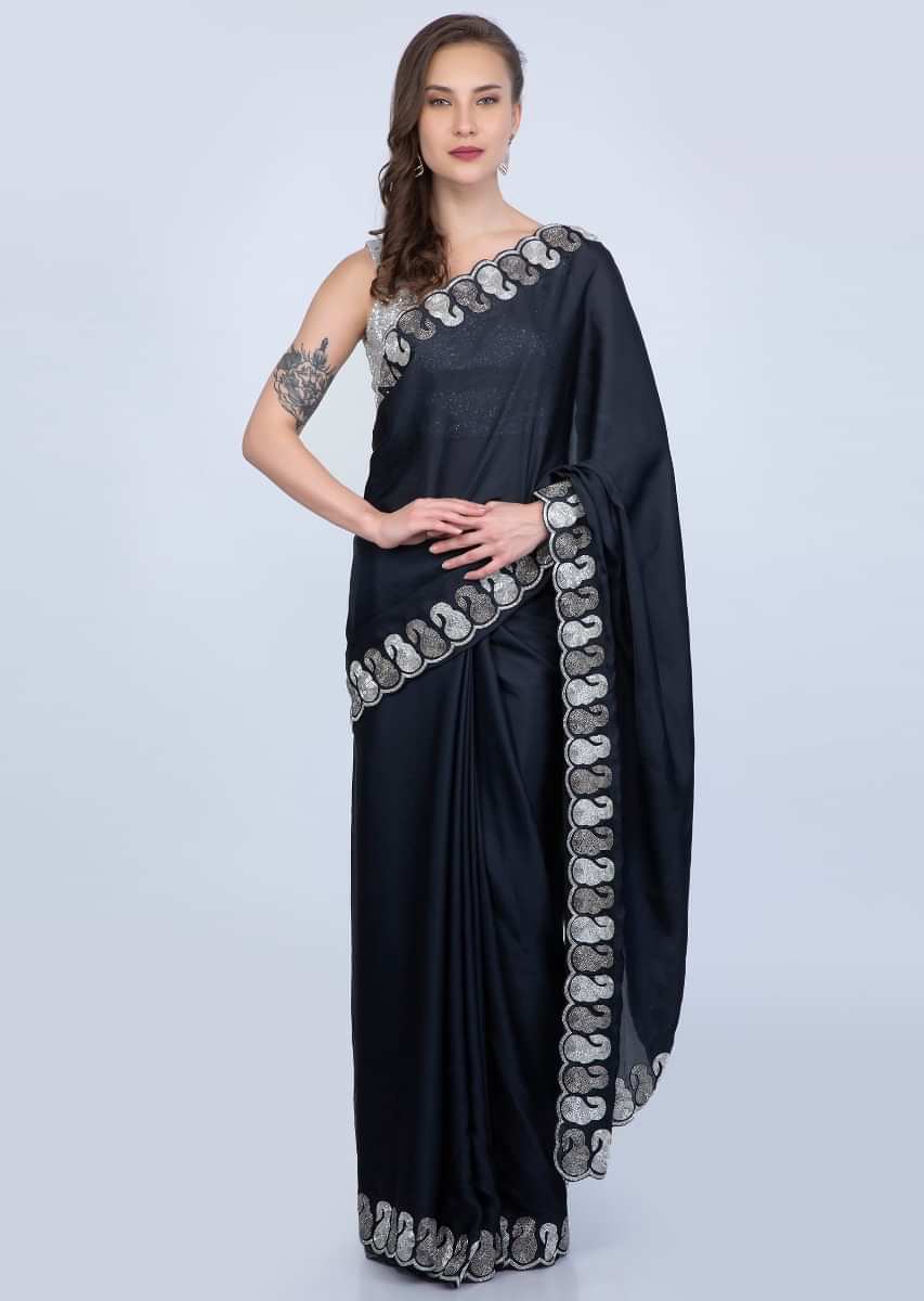 Buy Indigo Blue Silk Saree With Cut Dana And Poth Embroidered Border ...