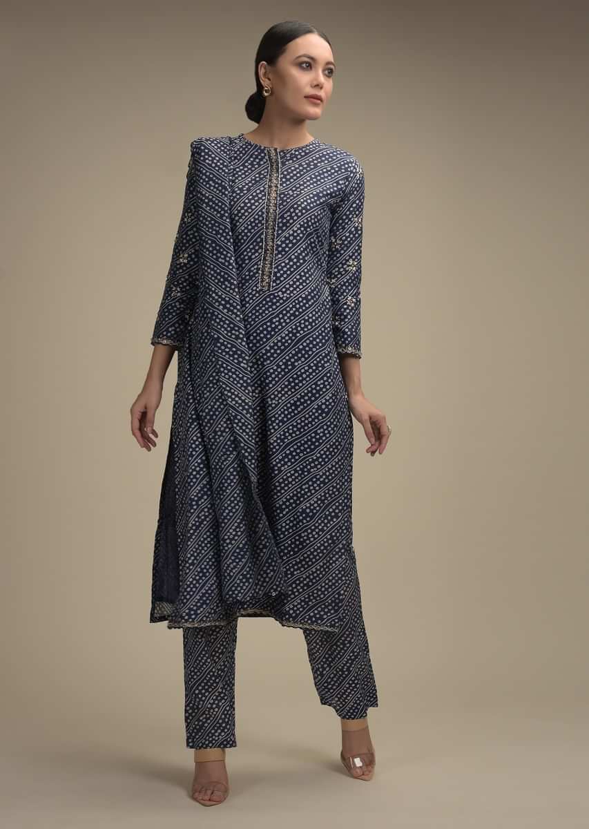 Buy Indigo Blue Straight Cut Suit In Cotton With Bandhani Print And ...
