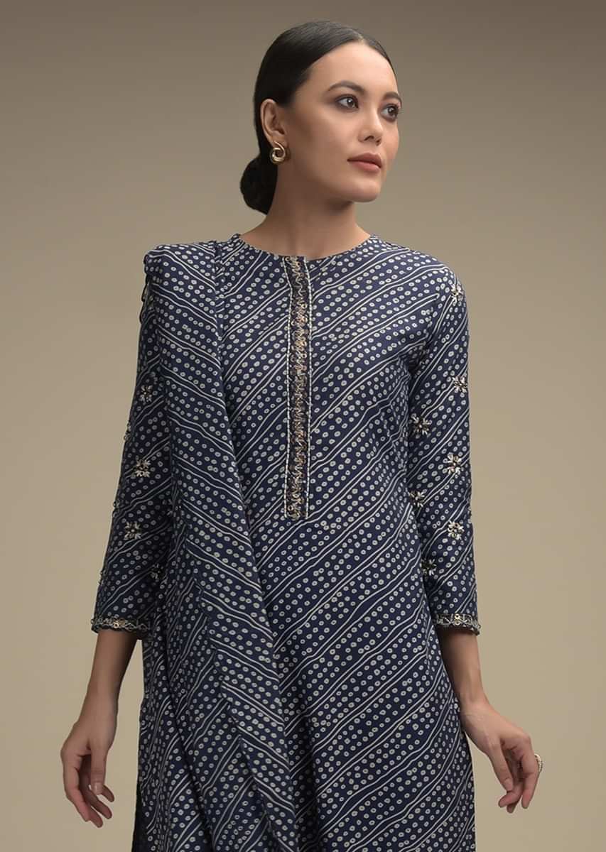 Buy Indigo Blue Straight Cut Suit In Cotton With Bandhani Print And ...