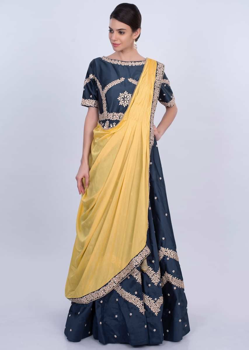 Indigo blue taffeta silk anarkali dress with yellow prestitched dupatta ...