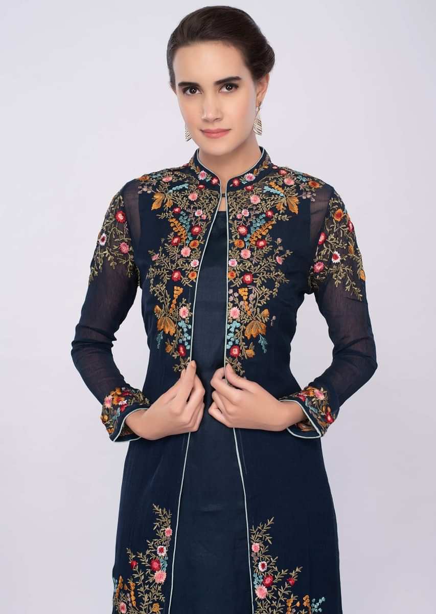 Indigo blue three piece suit in floral resham embroidery only on Kalki