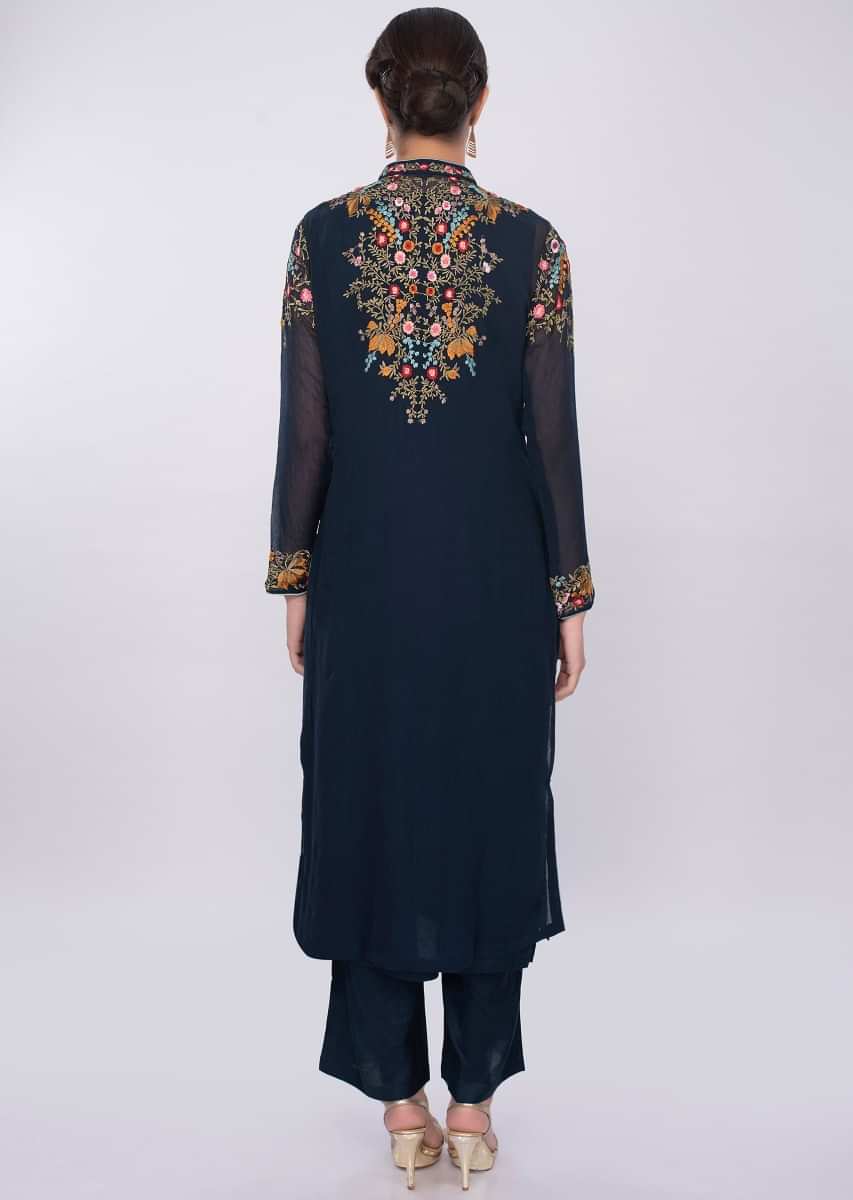 Indigo blue three piece suit in floral resham embroidery only on Kalki