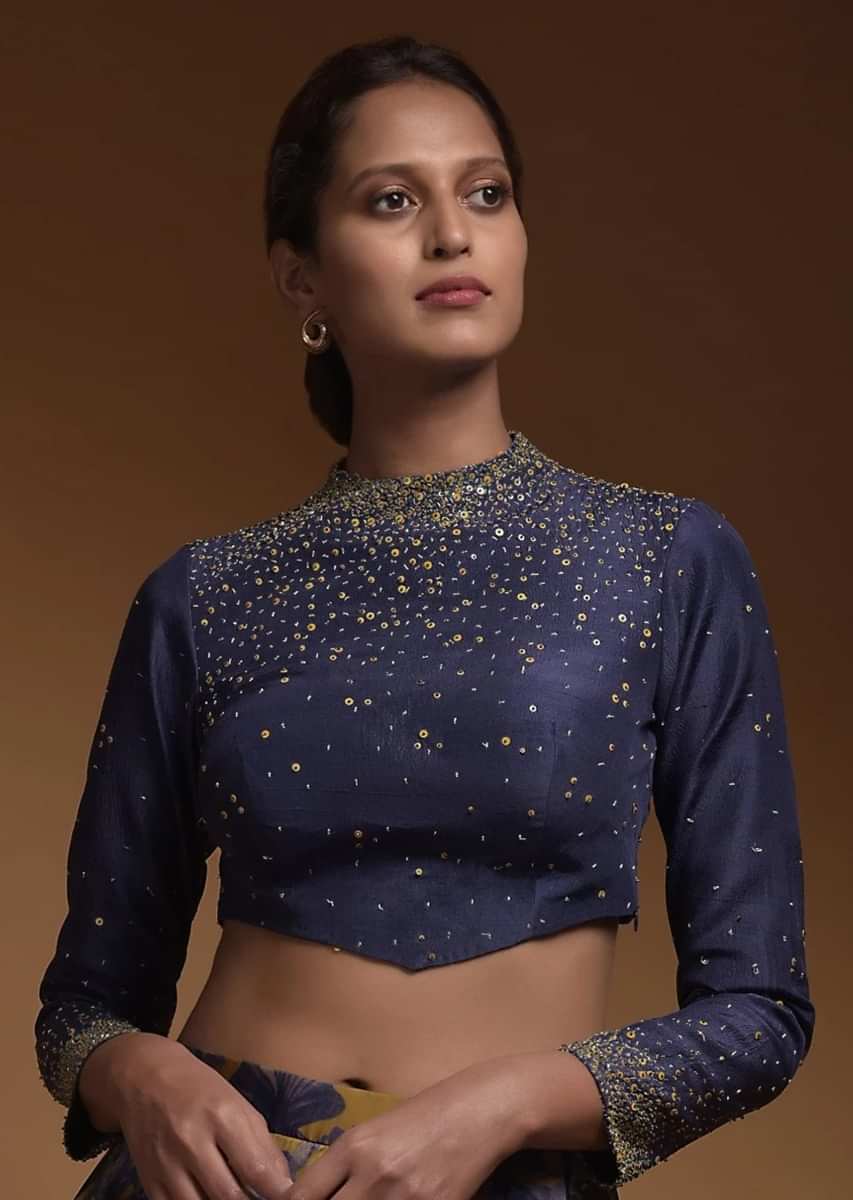 Indigo Crop Top In Silk Blend With Sequins And Beads Work In Gradient Pattern And Full Sleeves