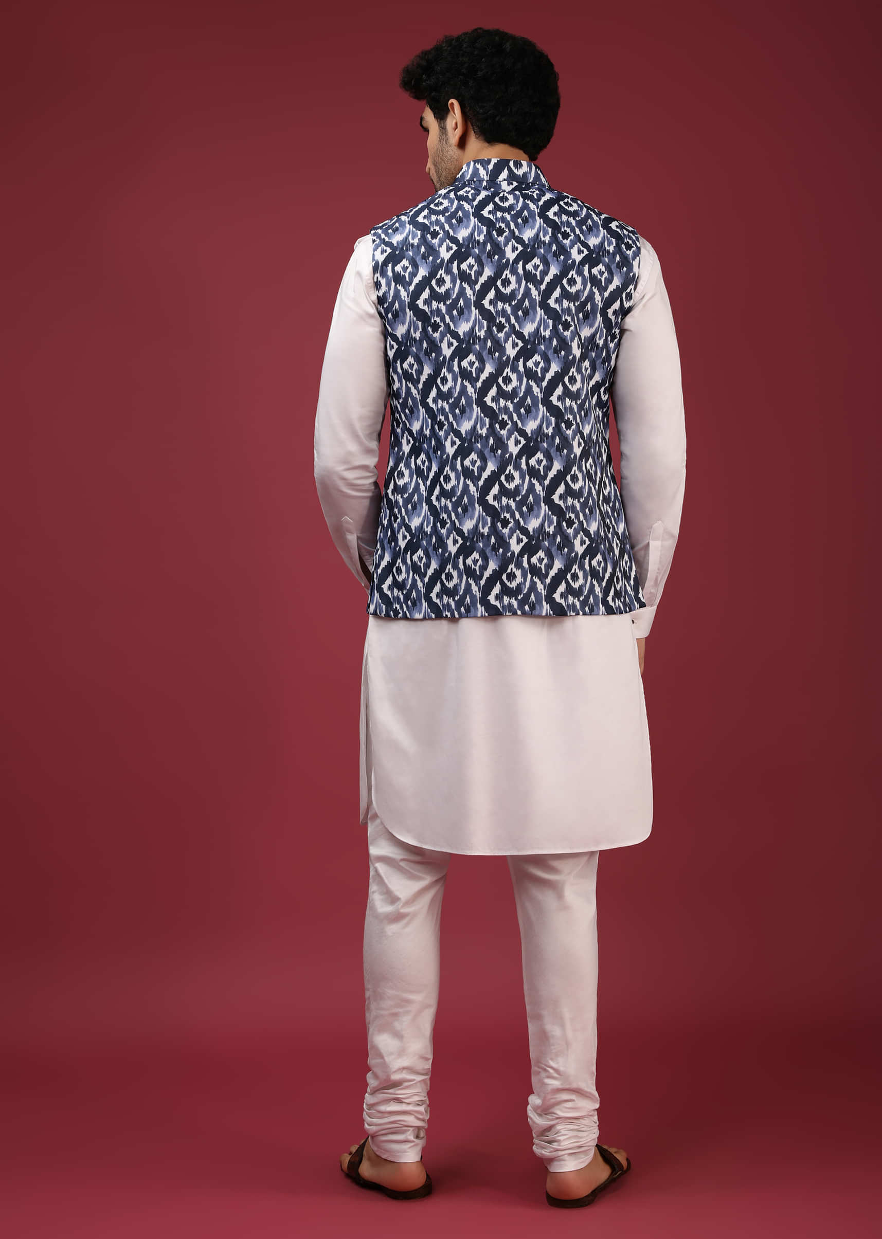 Indigo Printed Nehru Jacket And Kurta Set With Resist Dye Print In Ikkat Motifs And Off Centre Placket  