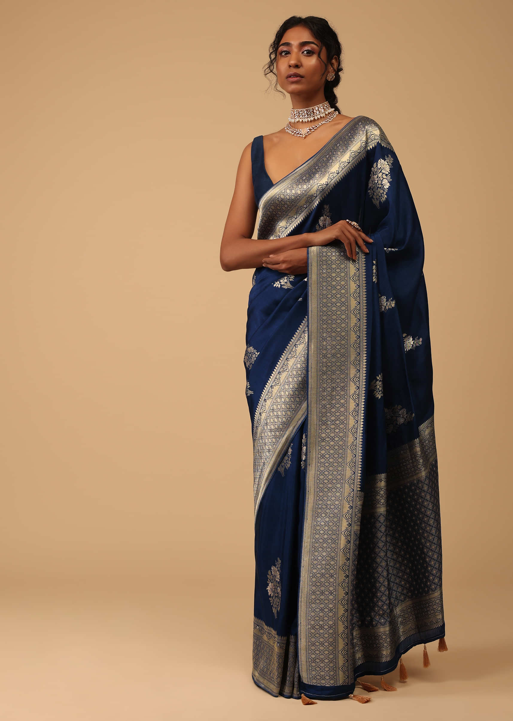 Silk Based Beige Plain Saree With Diamond Worked Lace Border Finish –  FOURMATCHING
