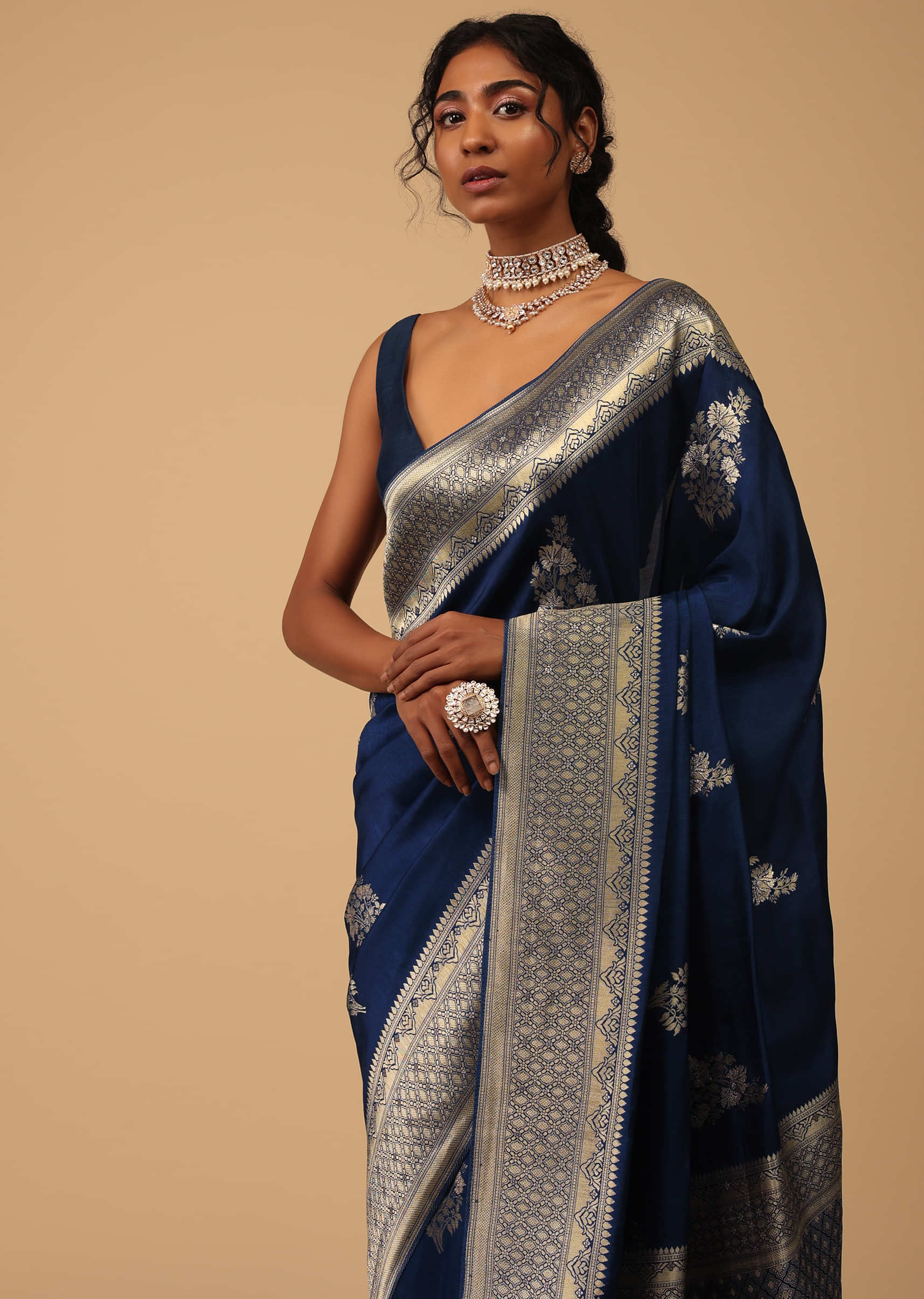 Indigo Saree With Golden Work [SB132970439] freesize in Ghazipur at best  price by Grihlaxmi Saree and Suit Ghar - Justdial