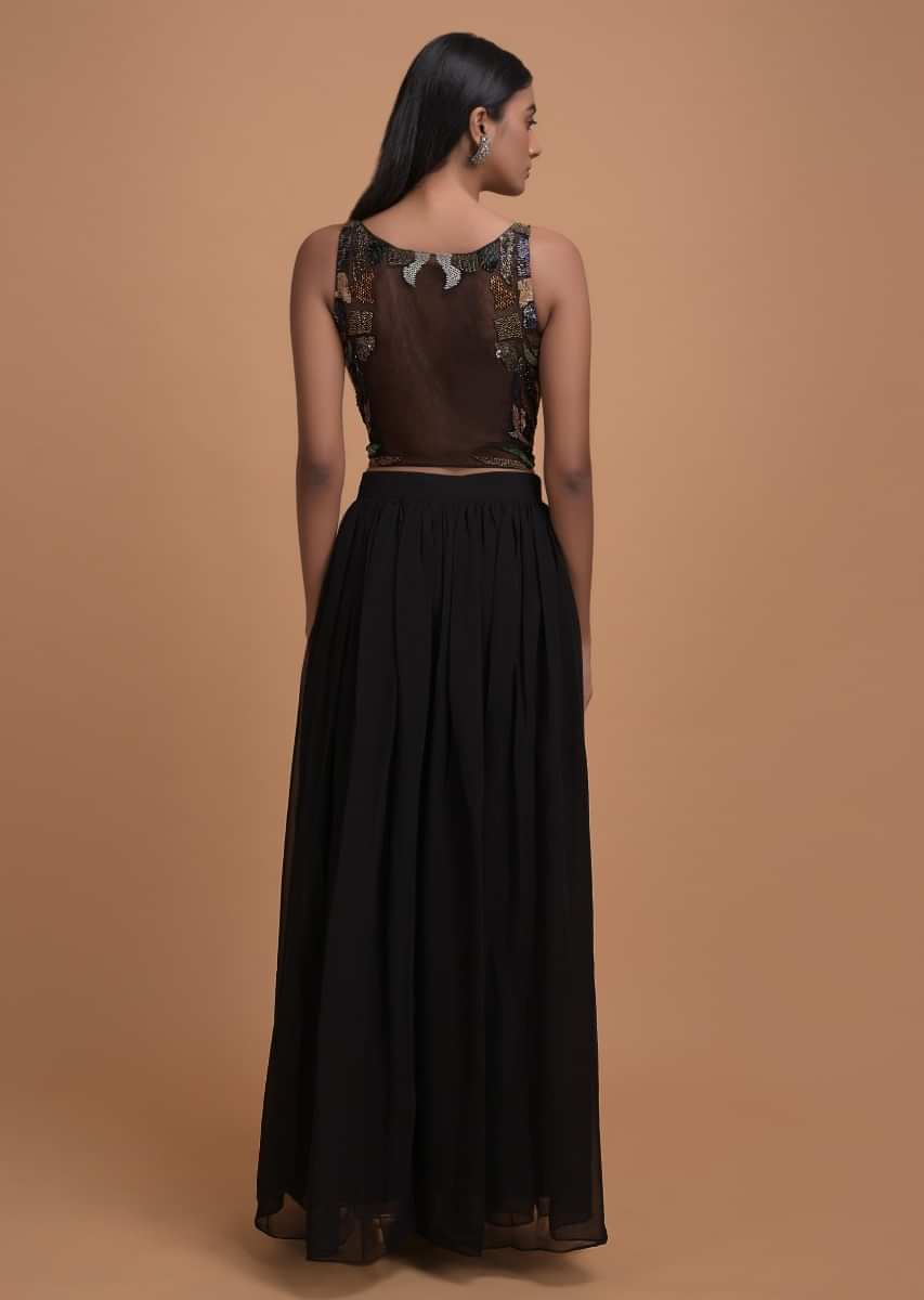 Ink Black Palazzo Suit With Heavily Embellished Crop Top  