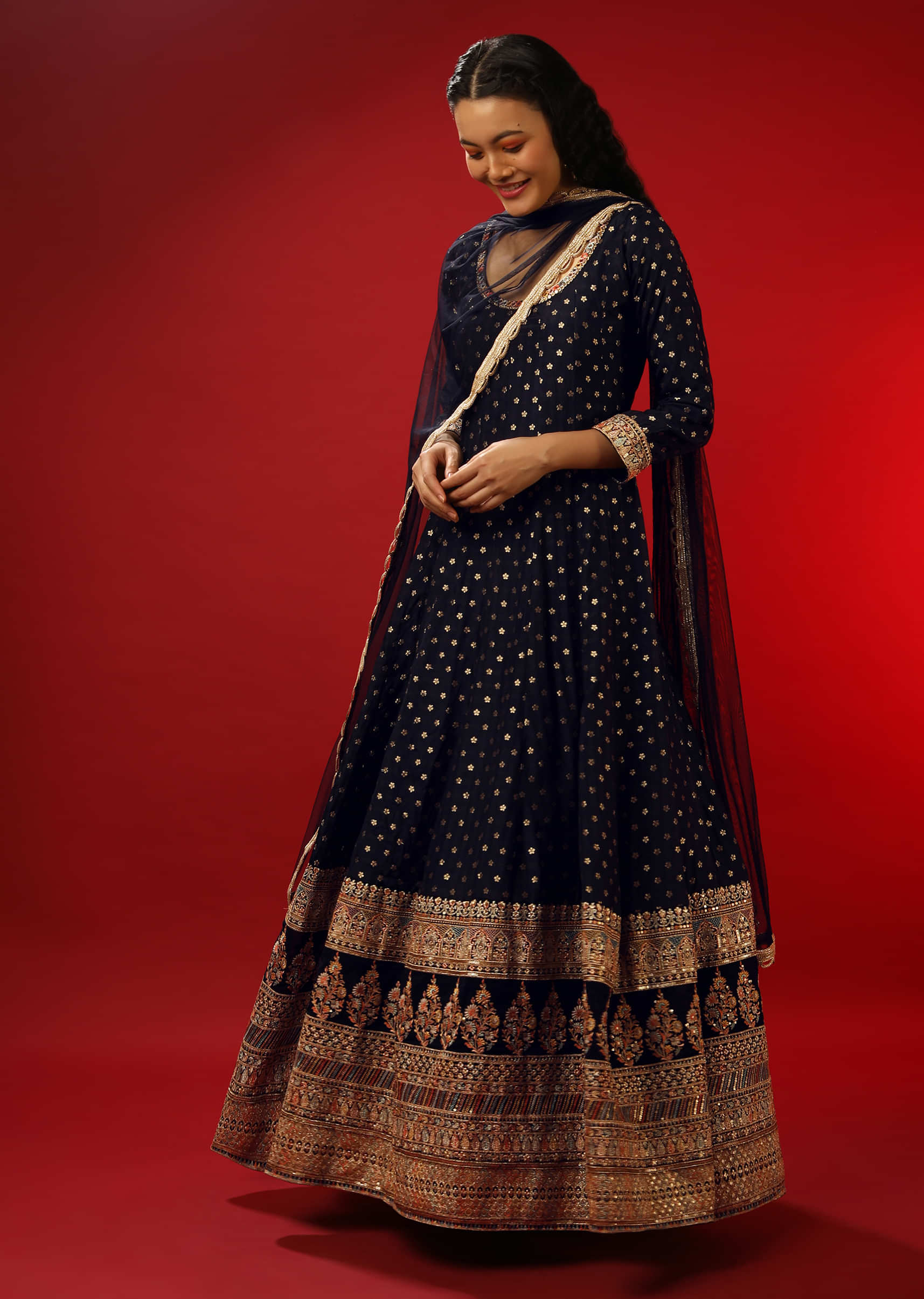 Ink Blue Anarkali Suit In Brocade Silk With Multi Colored Resham Embroidered Border  