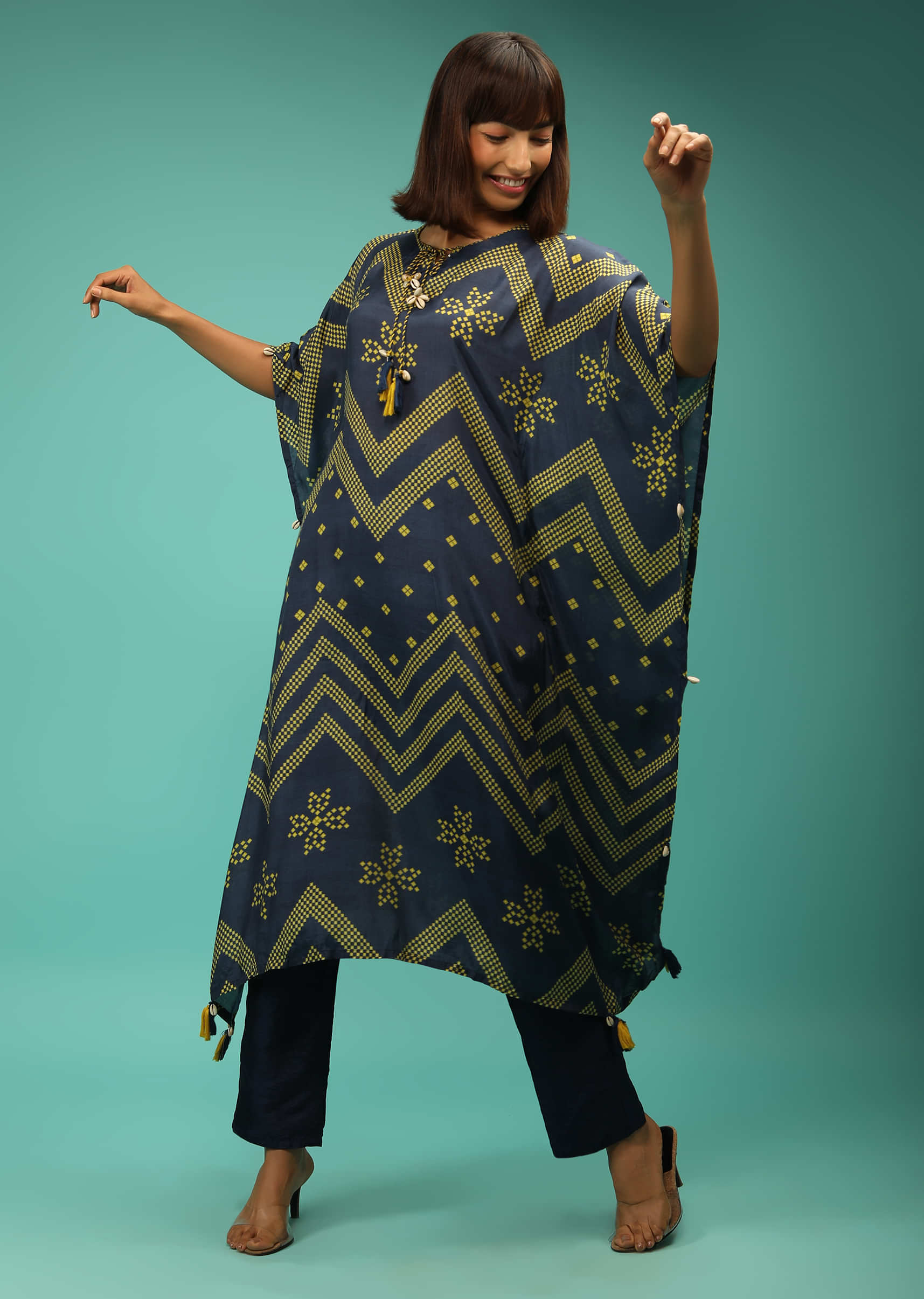 Ink Blue Kafta In Crepe With Geometric And Chevron Print