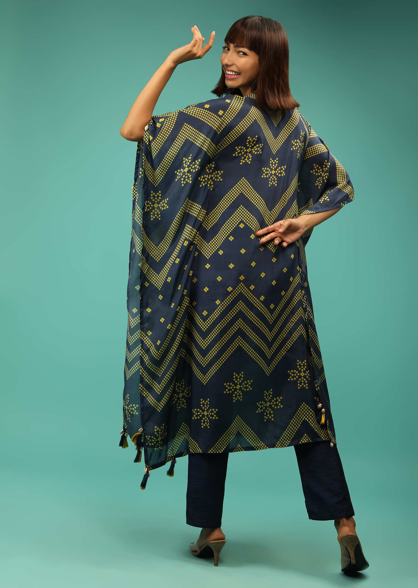 Ink Blue Kafta In Crepe With Geometric And Chevron Print