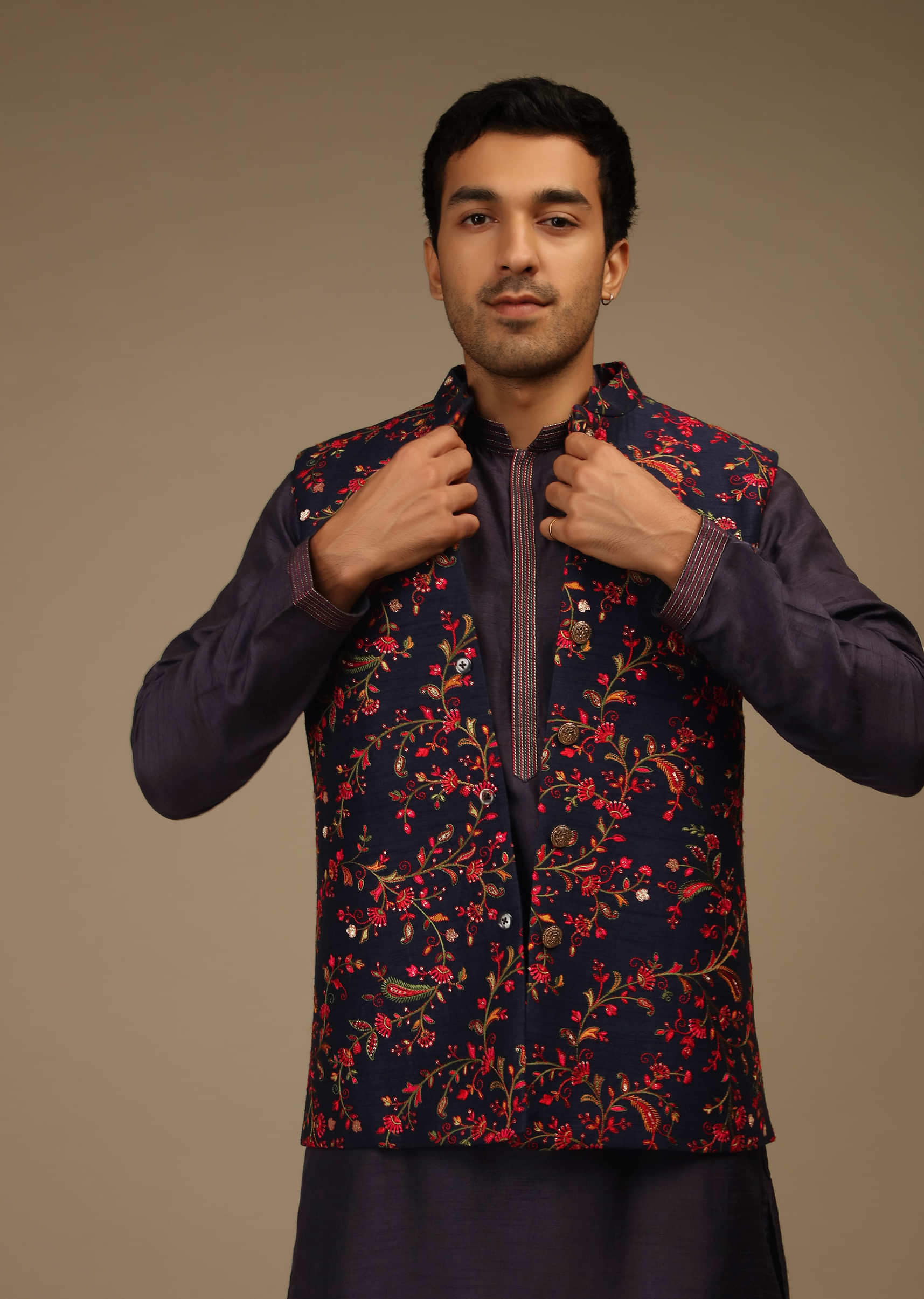 Ink Blue Nehru Jacket Set In Raw Silk With Multi Colored Resham Embroidered Floral Jaal