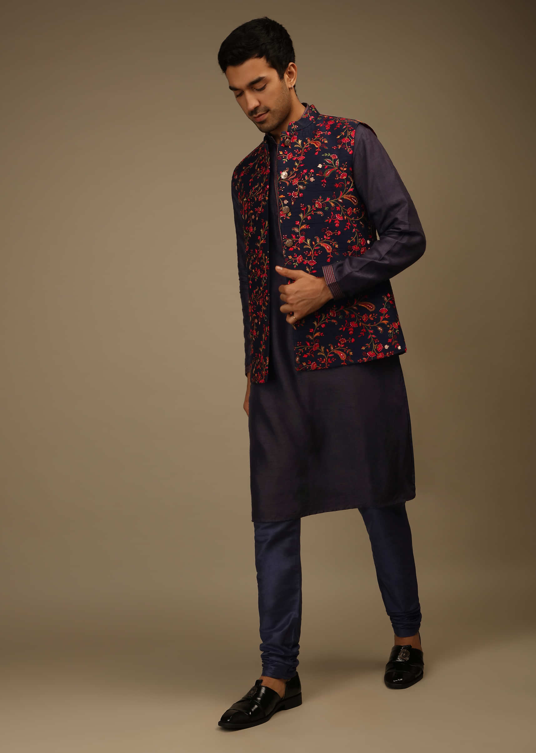 Ink Blue Nehru Jacket Set In Raw Silk With Multi Colored Resham Embroidered Floral Jaal