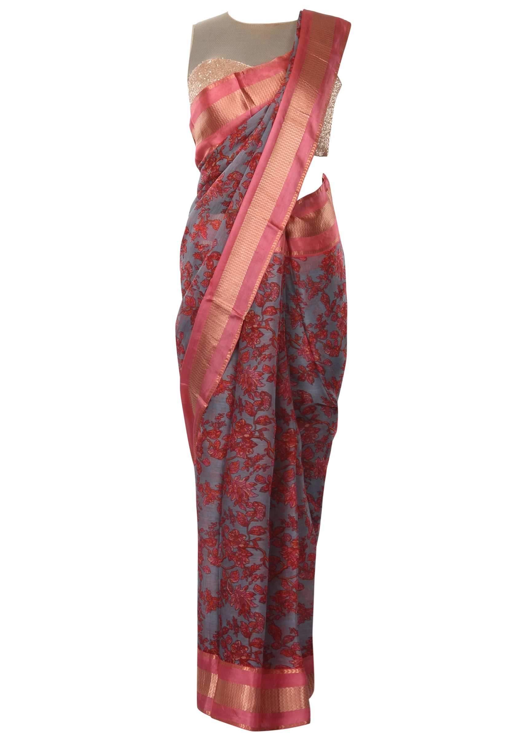 Ink blue saree in silk with floral jaal print only on Kalki