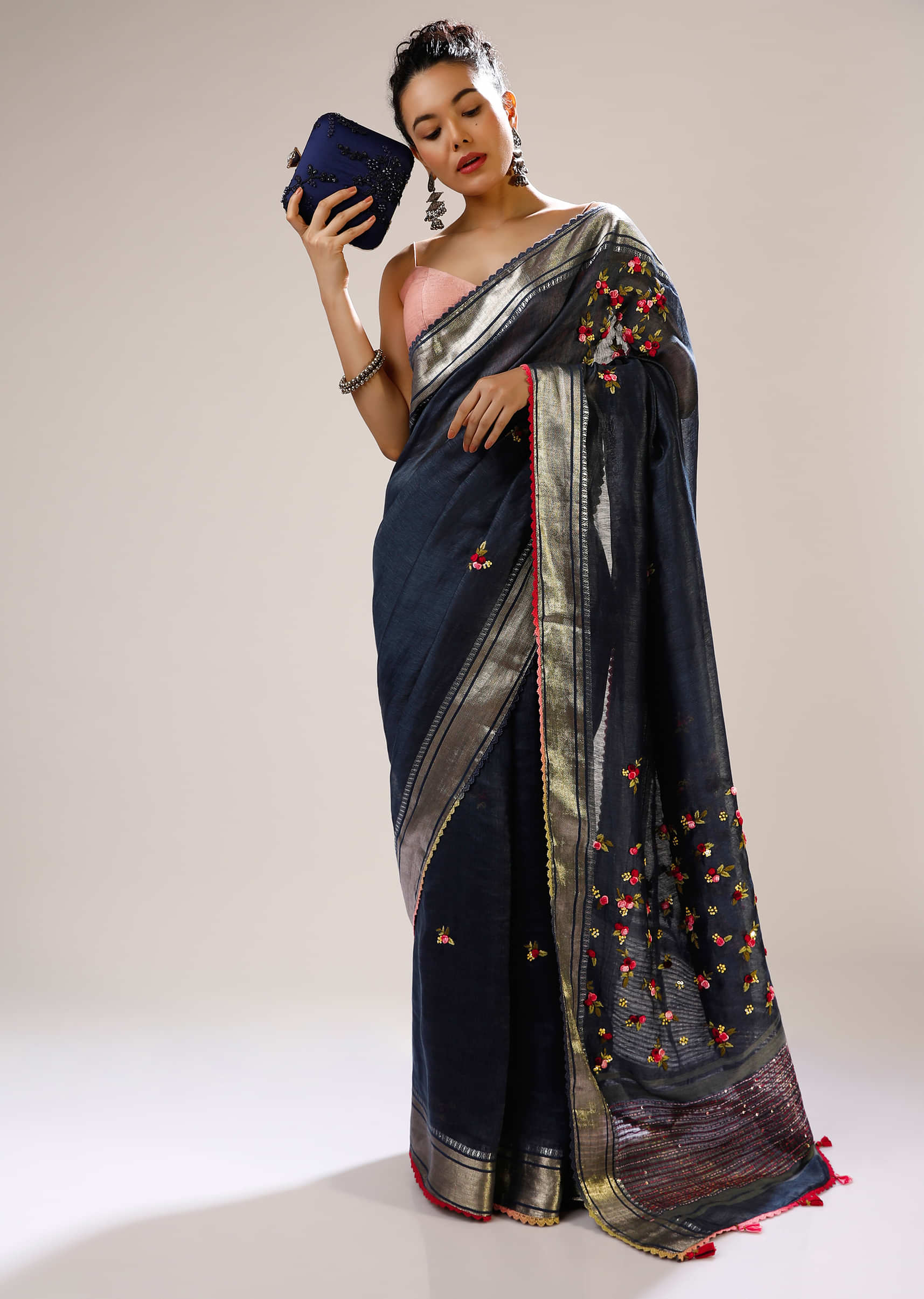 Insignia Blue Saree In Tussar Silk With Multicolored Bud Hand Embroidered Roses And Running Stich Design  
