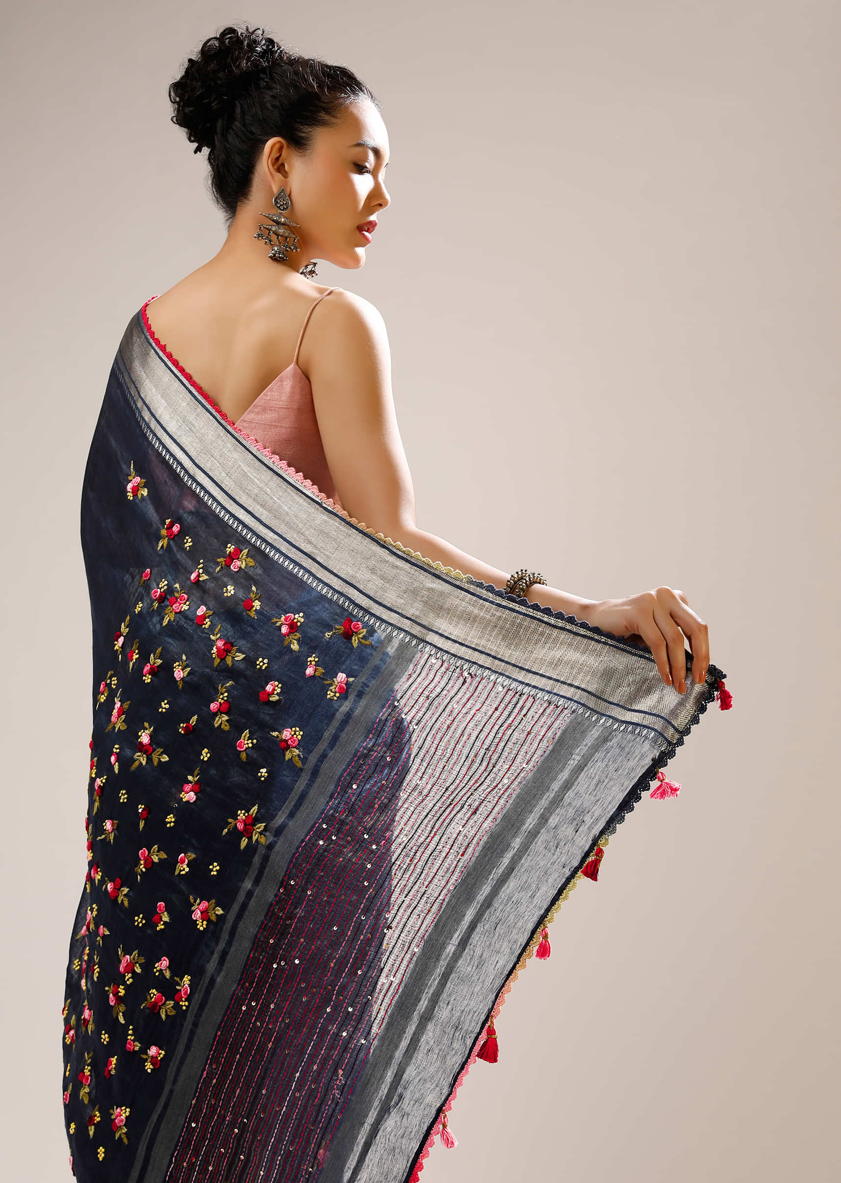 Insignia Blue Saree In Tussar Silk With Multicolored Bud Hand Embroidered Roses And Running Stich Design  