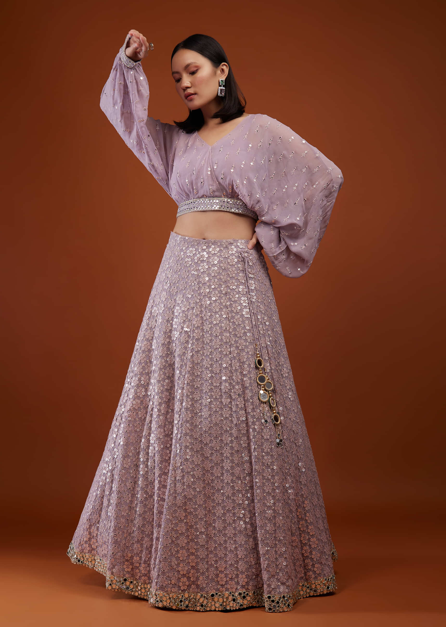 Iris Purple Georgette Lehenga Set With Mirror Embroidery