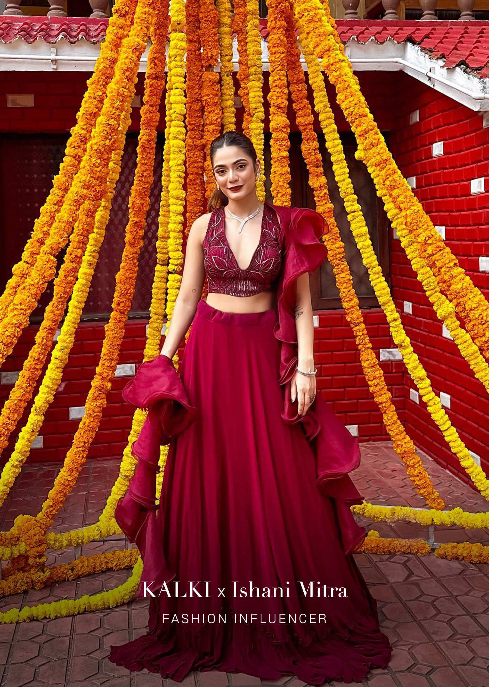 Maroon Ruffle Lehenga Choli with Dupatta Ruffle Art Silk Chi